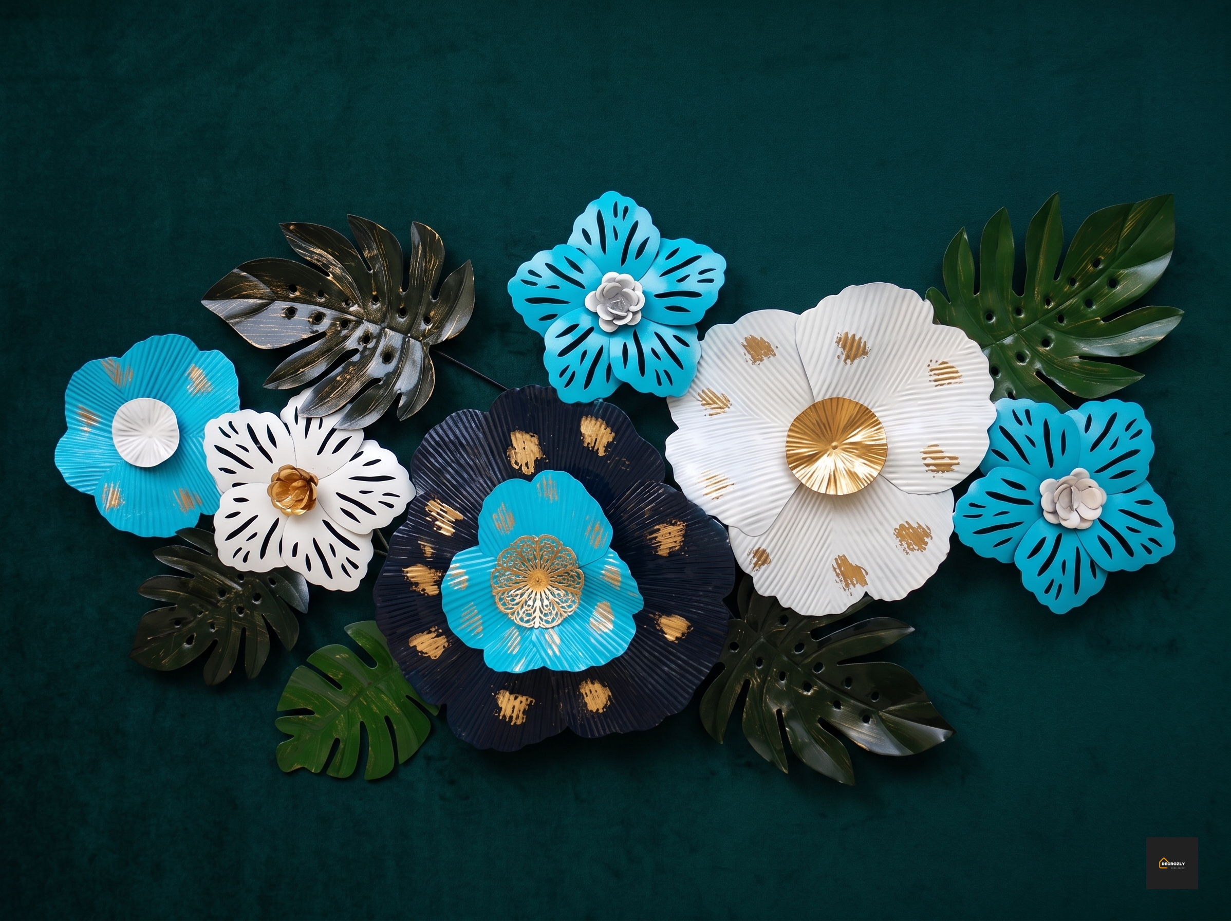 Decorative flowers with gold accents on a dark green background