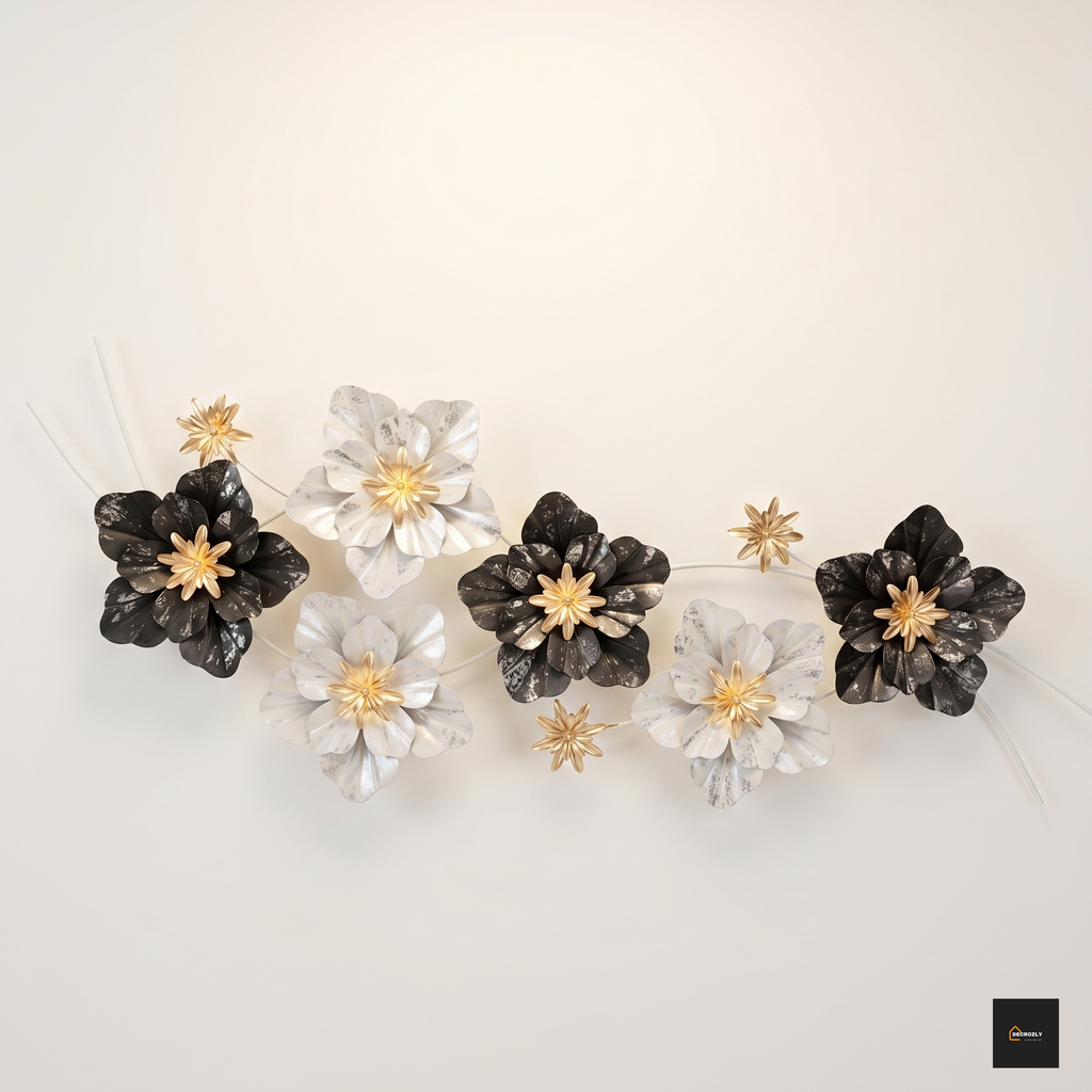 Decorative wall art with black, white, and gold flowers on a light beige background