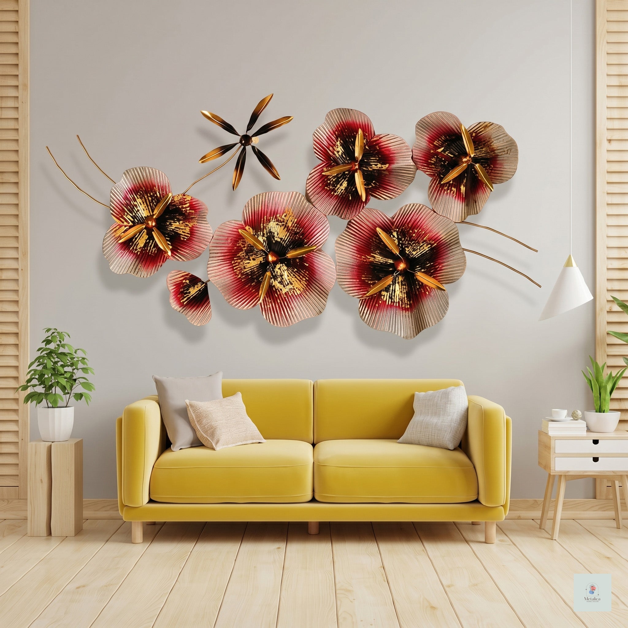 48x24 modern metal floral wall art, vibrant red and gold bloom sculpture for living room decor.