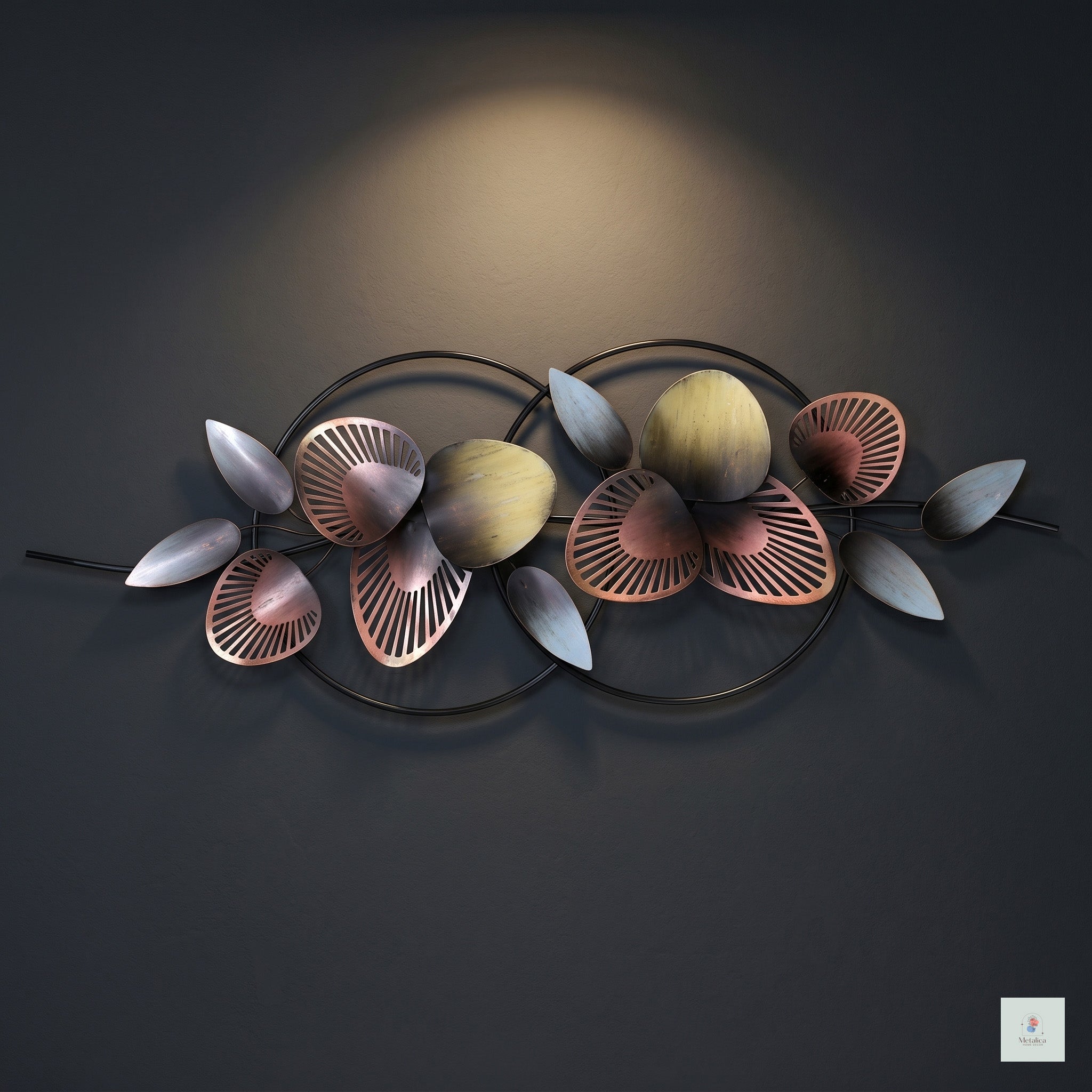20x42 modern metal circular leaf wall art, copper and bronze abstract sculpture with overlapping frames for living room decor.