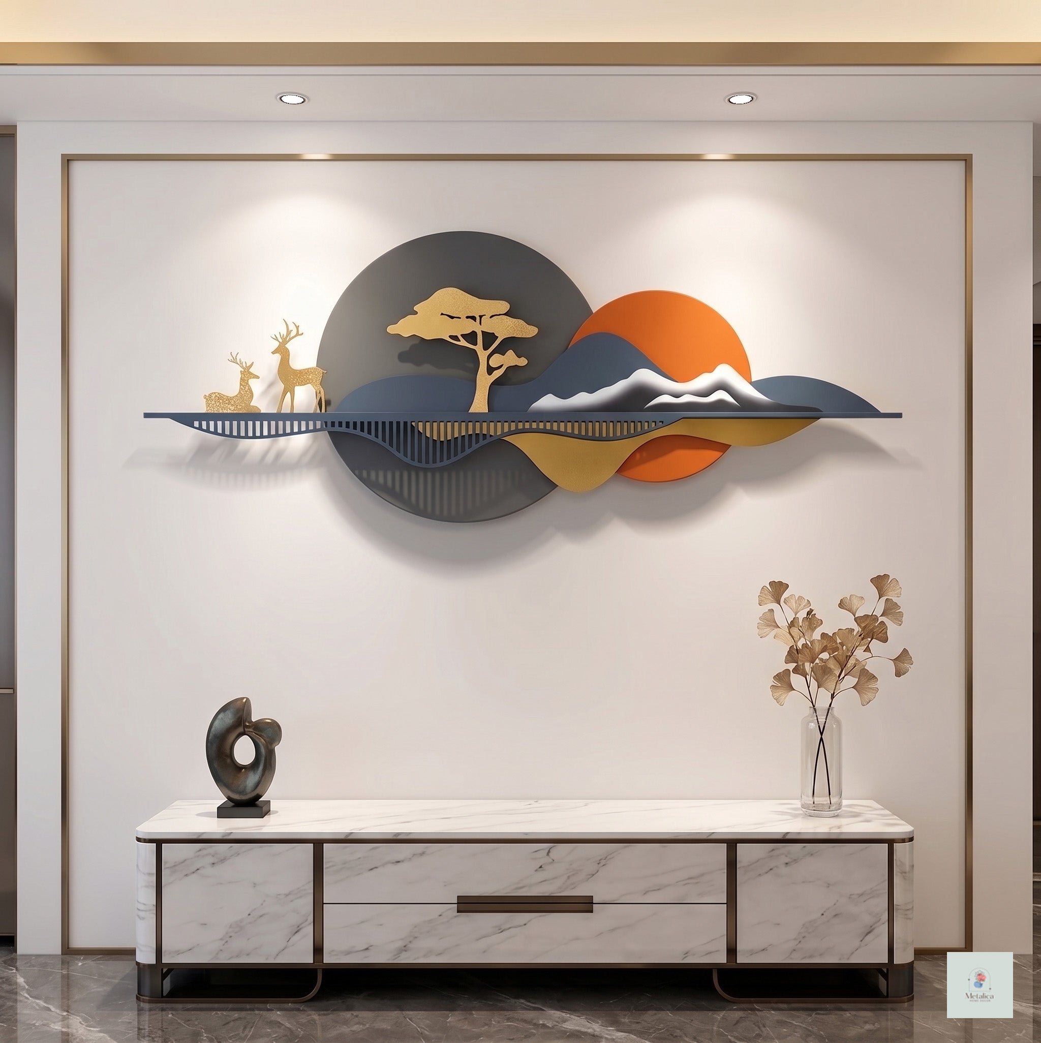 48x24 modern metal deer landscape wall art, abstract mountain and sunset sculpture with gold deer and tree for living room decor.