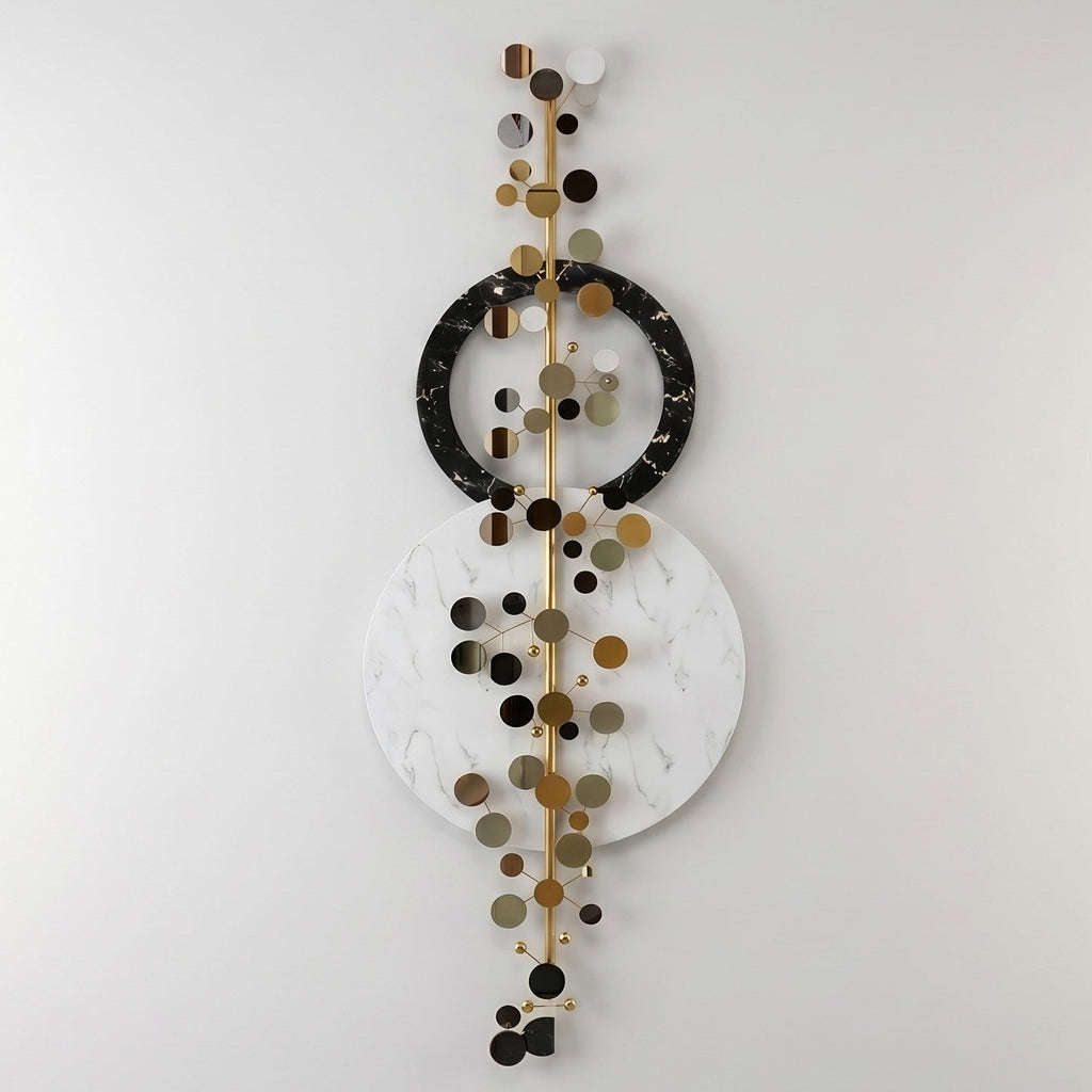 48x24 modern vertical abstract metal wall art, geometric sculpture with black, white, and gold circular motifs for entryway decor.
