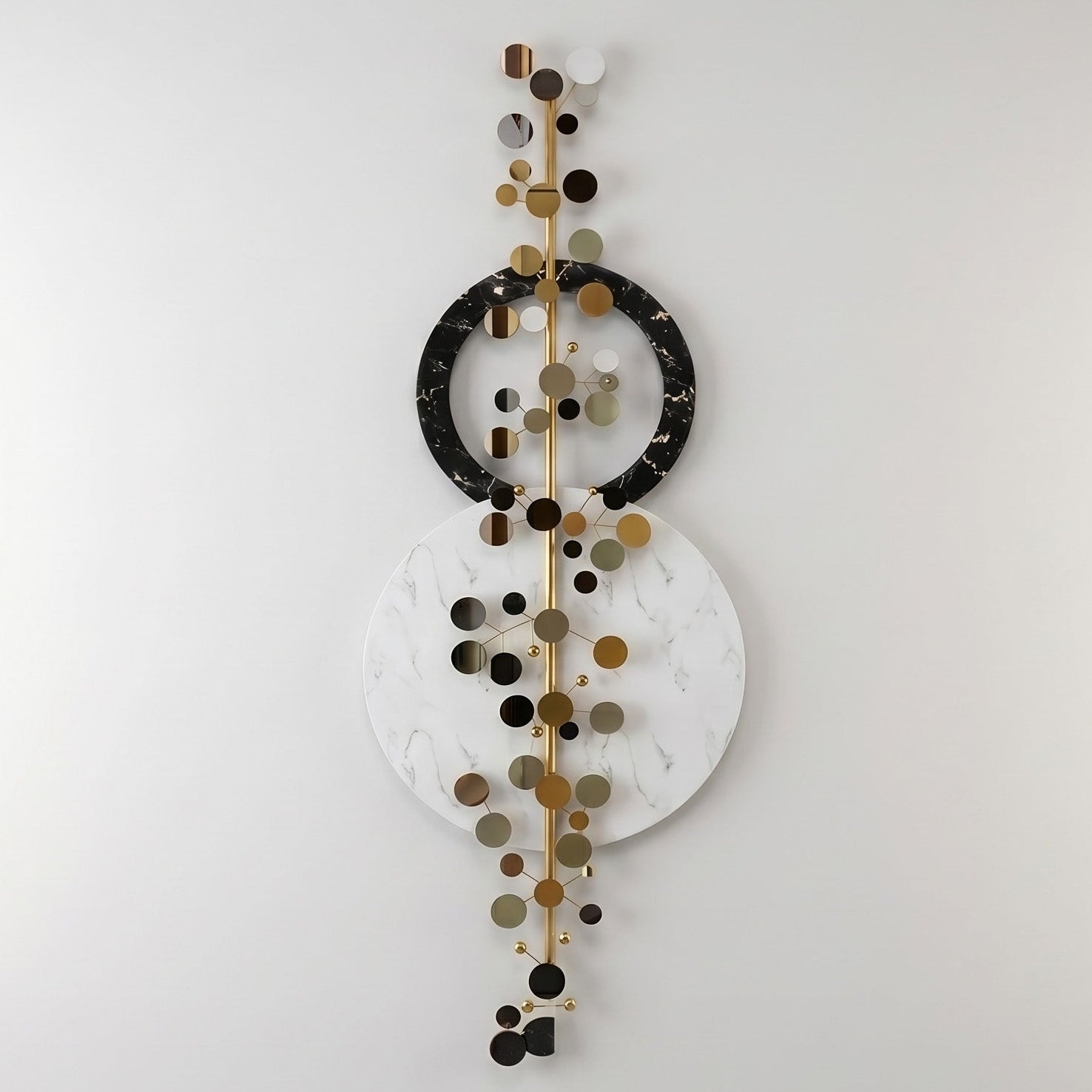 48x24 modern vertical abstract metal wall art, geometric sculpture with black, white, and gold circular motifs for entryway decor.