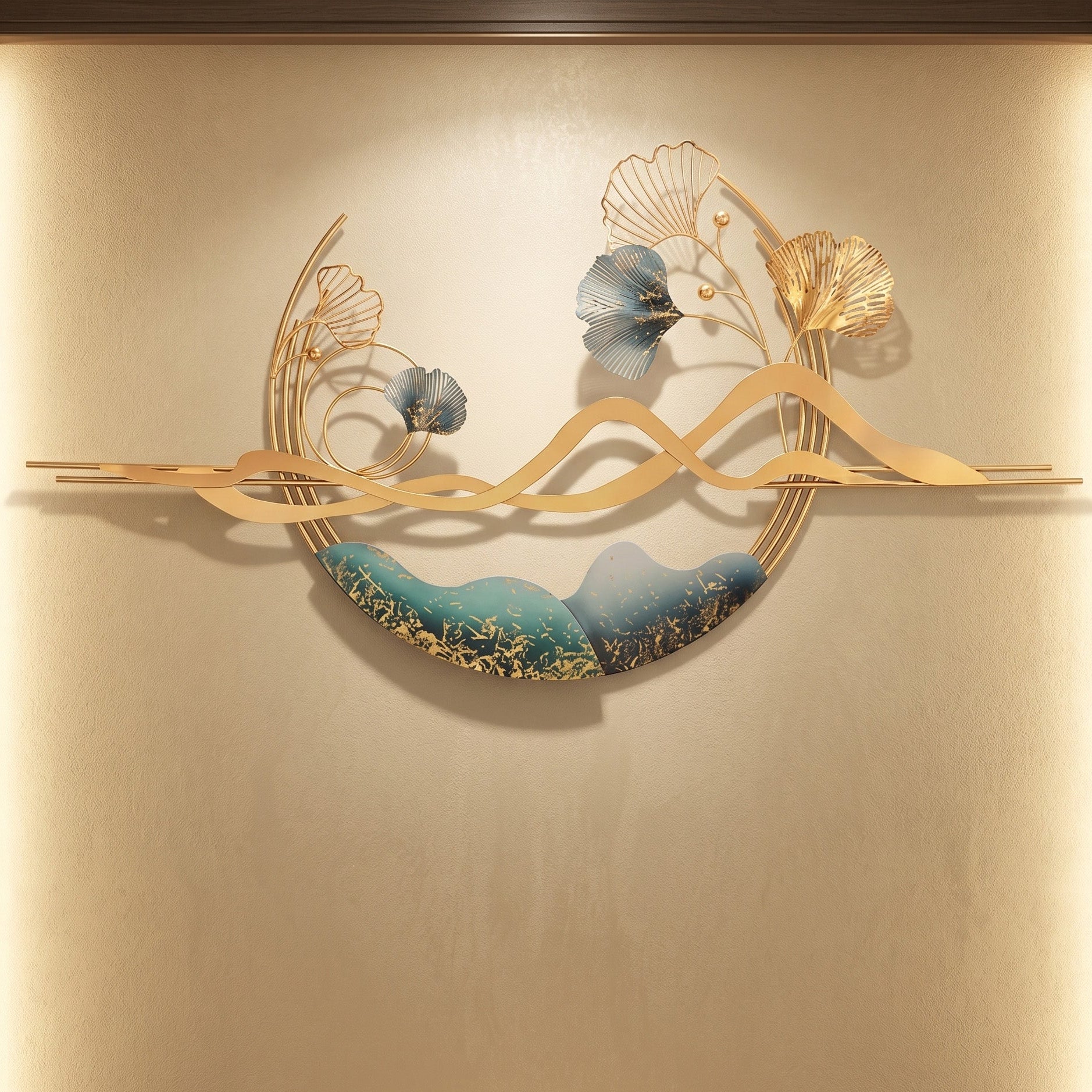 24x48 modern metal circular landscape wall art, gold and teal abstract sculpture with ginkgo leaves and mountain silhouette for living room decor.