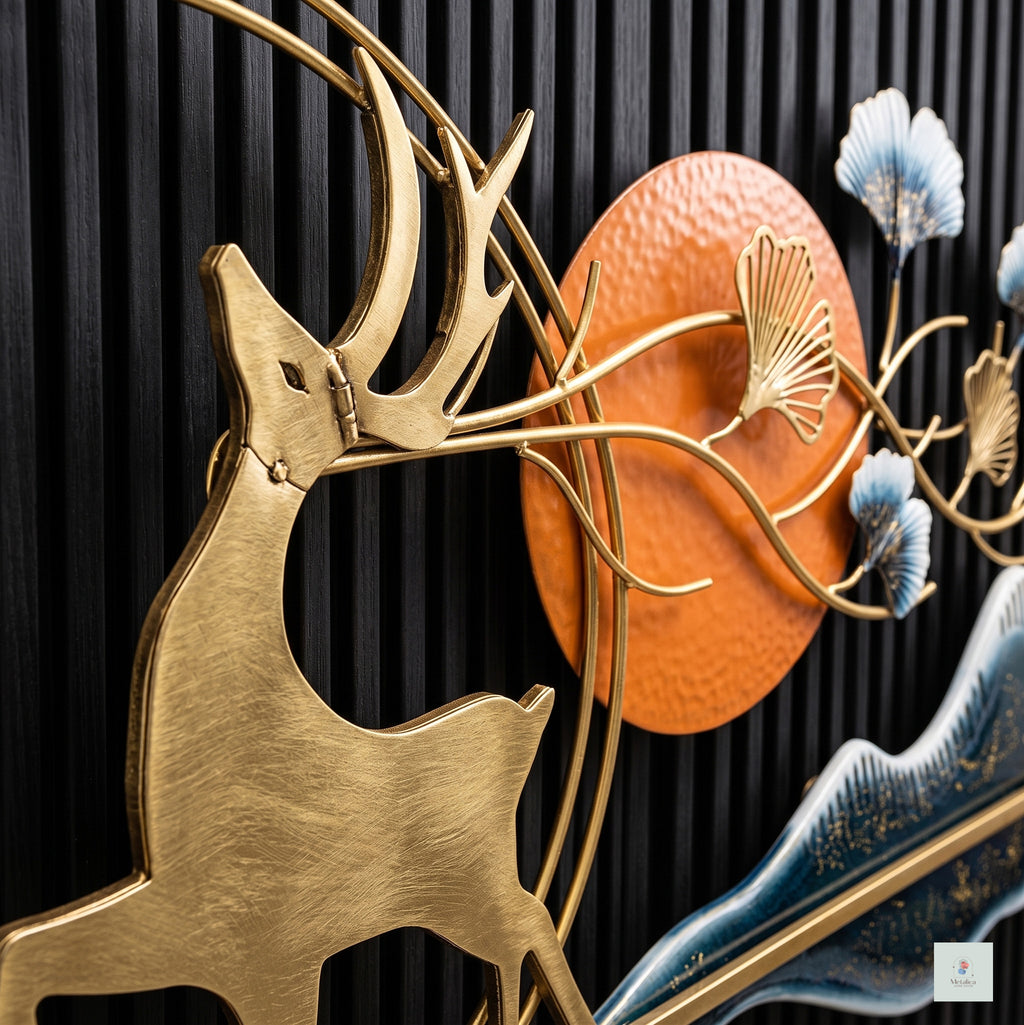 48x24 large modern metal deer landscape wall art, luxury gold and orange mountain sculpture for living room decor.