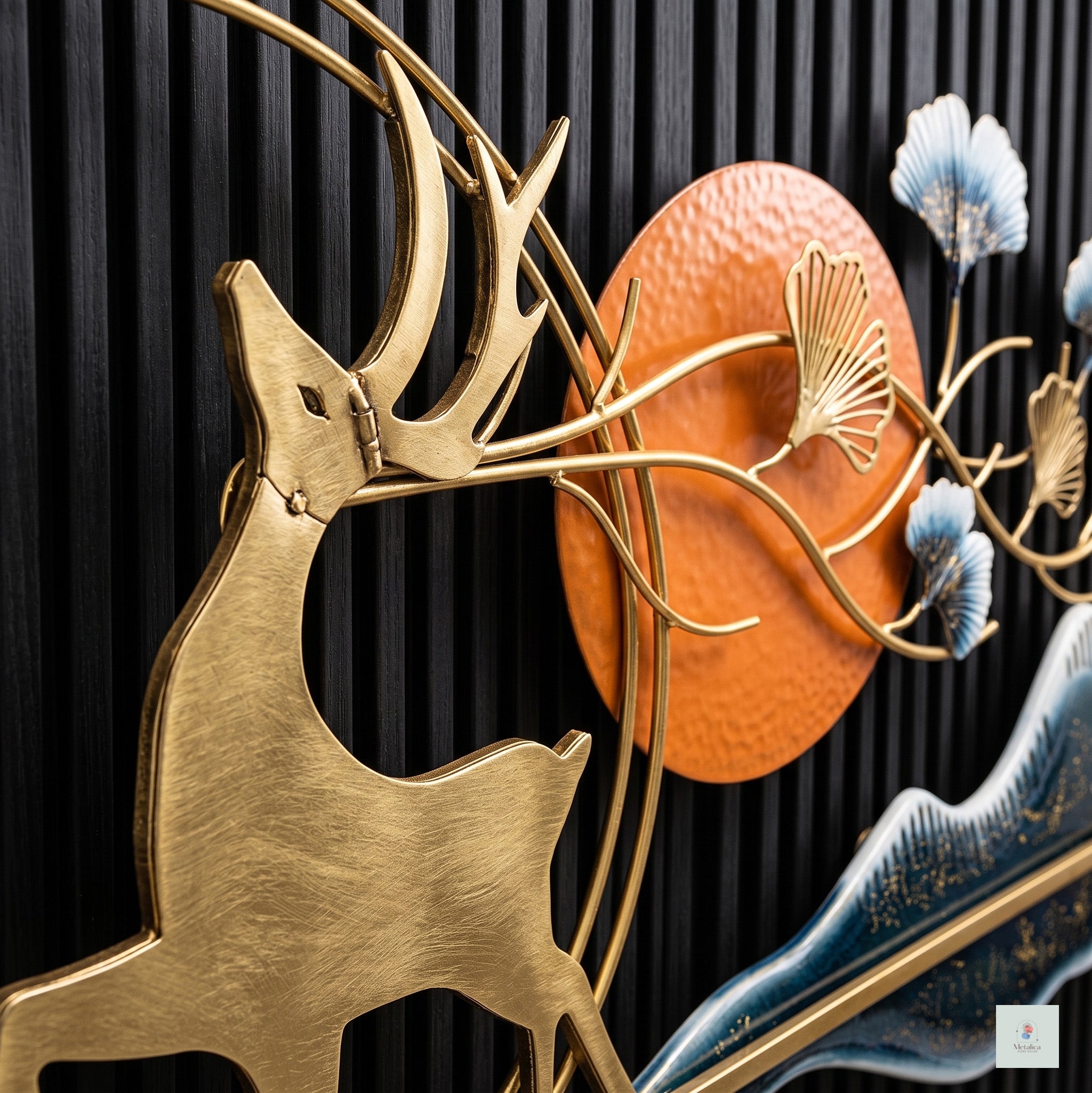 48x24 large modern metal deer landscape wall art, luxury gold and orange mountain sculpture for living room decor.