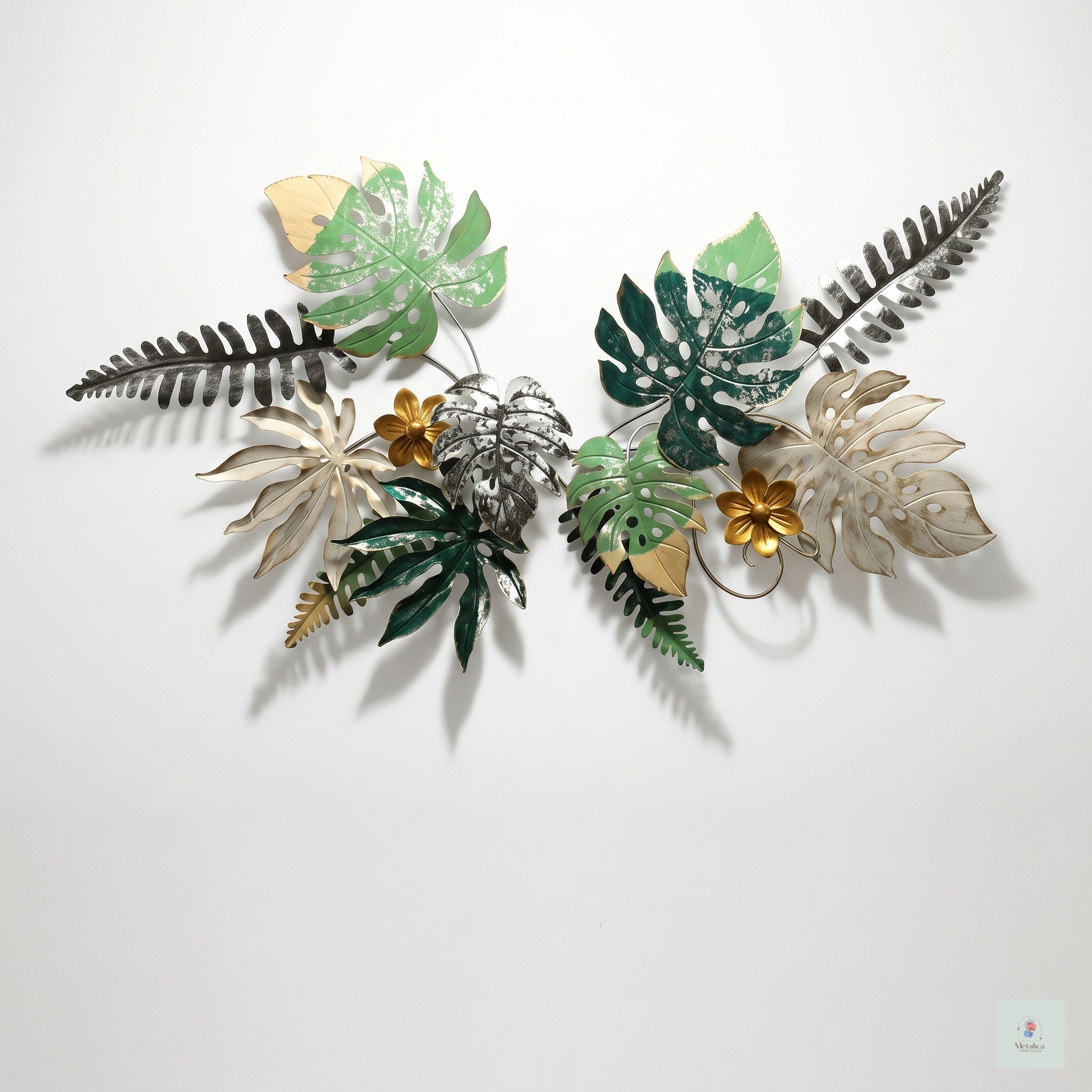 28x52 large tropical metal wall art, botanical Monstera and fern leaf sculpture in green, gold, and silver for bedroom and living room decor.