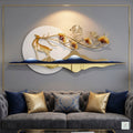 Modern metal deer landscape wall art, 44x18 inch nature-inspired sculpture with gold and blue accents for living room decor.