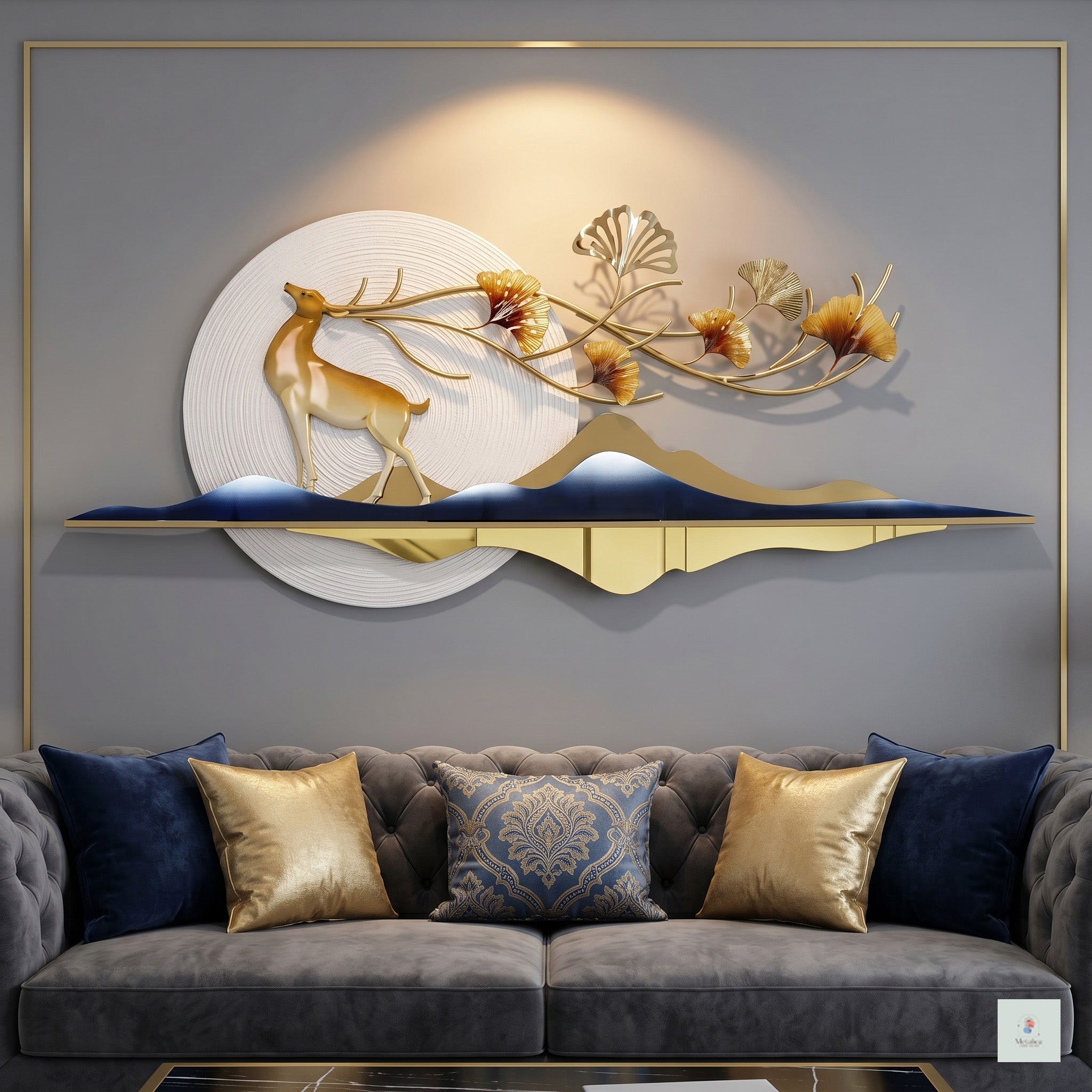 Modern metal deer landscape wall art, 44x18 inch nature-inspired sculpture with gold and blue accents for living room decor.