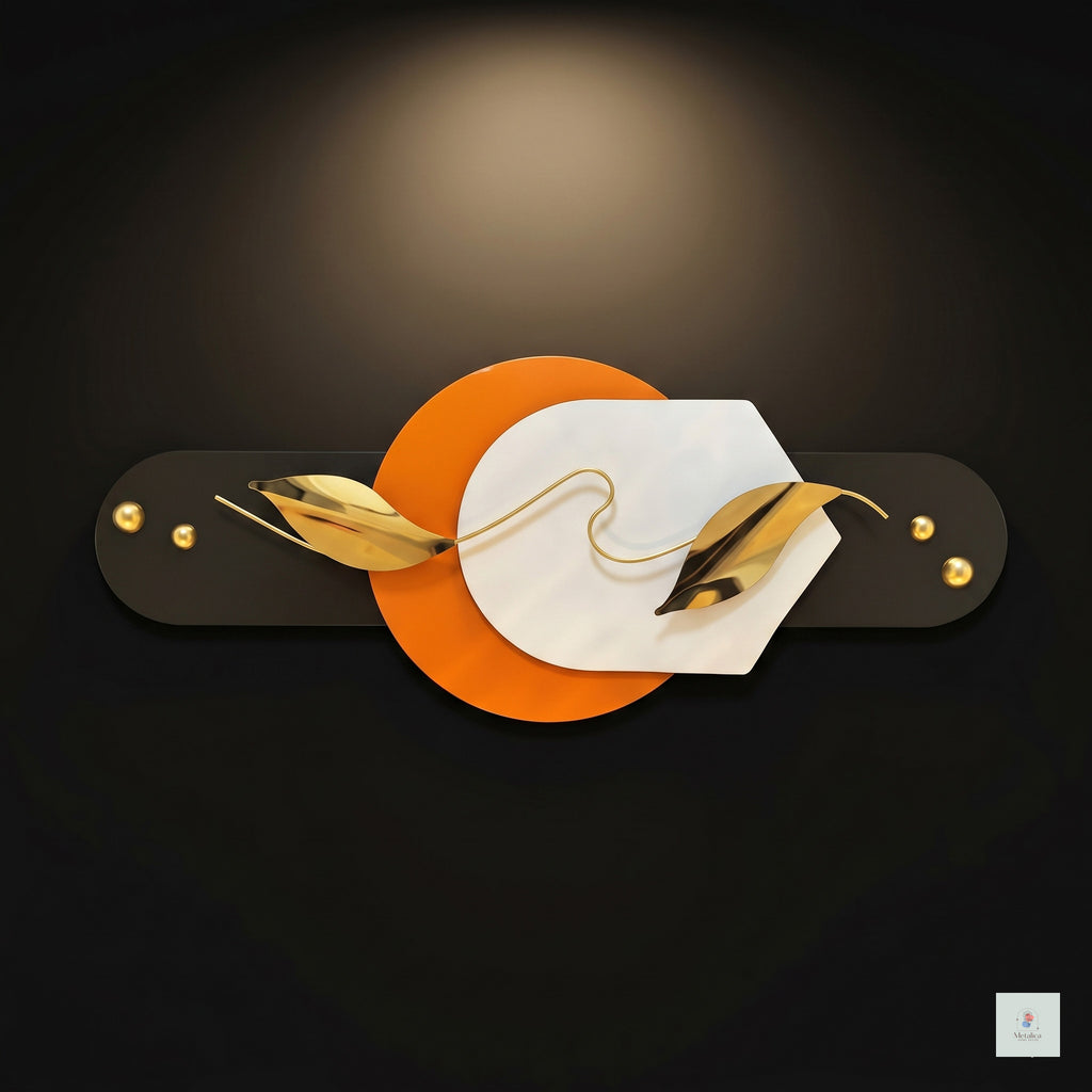 22x48 modern geometric metal wall art, abstract orange, white, and black sculpture with gold leaves for living room decor.