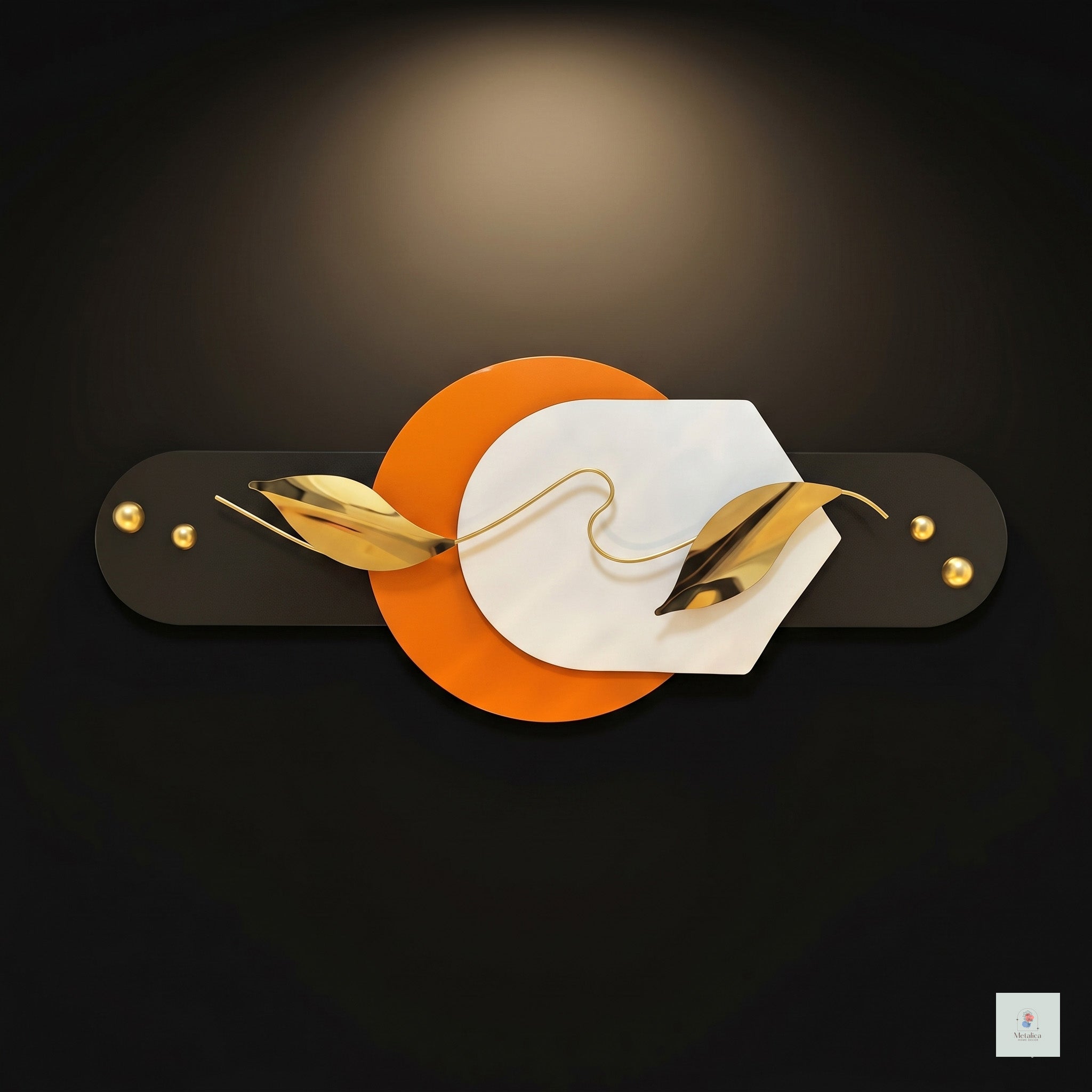 22x48 modern geometric metal wall art, abstract orange, white, and black sculpture with gold leaves for living room decor.