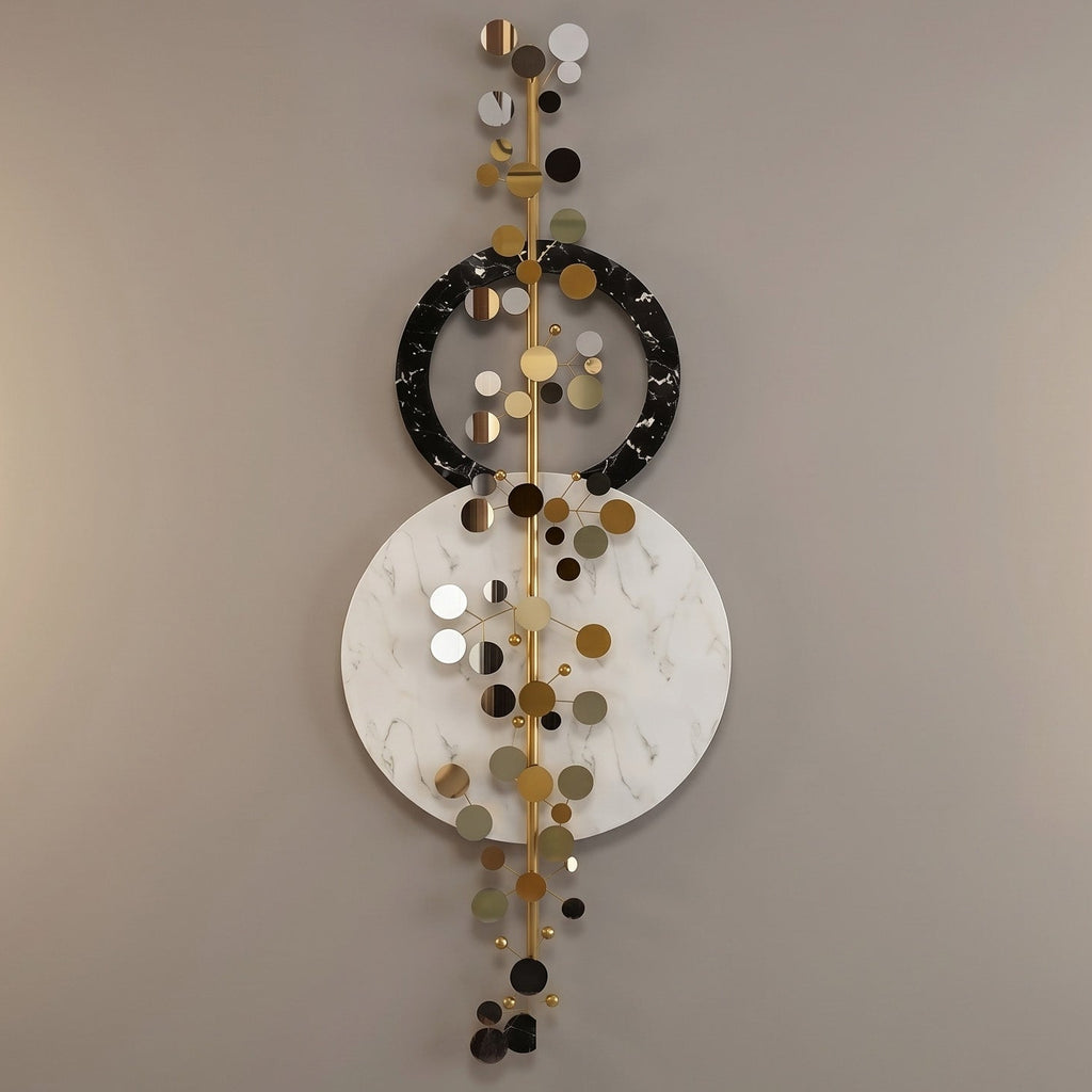 48x24 modern vertical abstract metal wall art, geometric sculpture with black, white, and gold circular motifs for entryway decor.