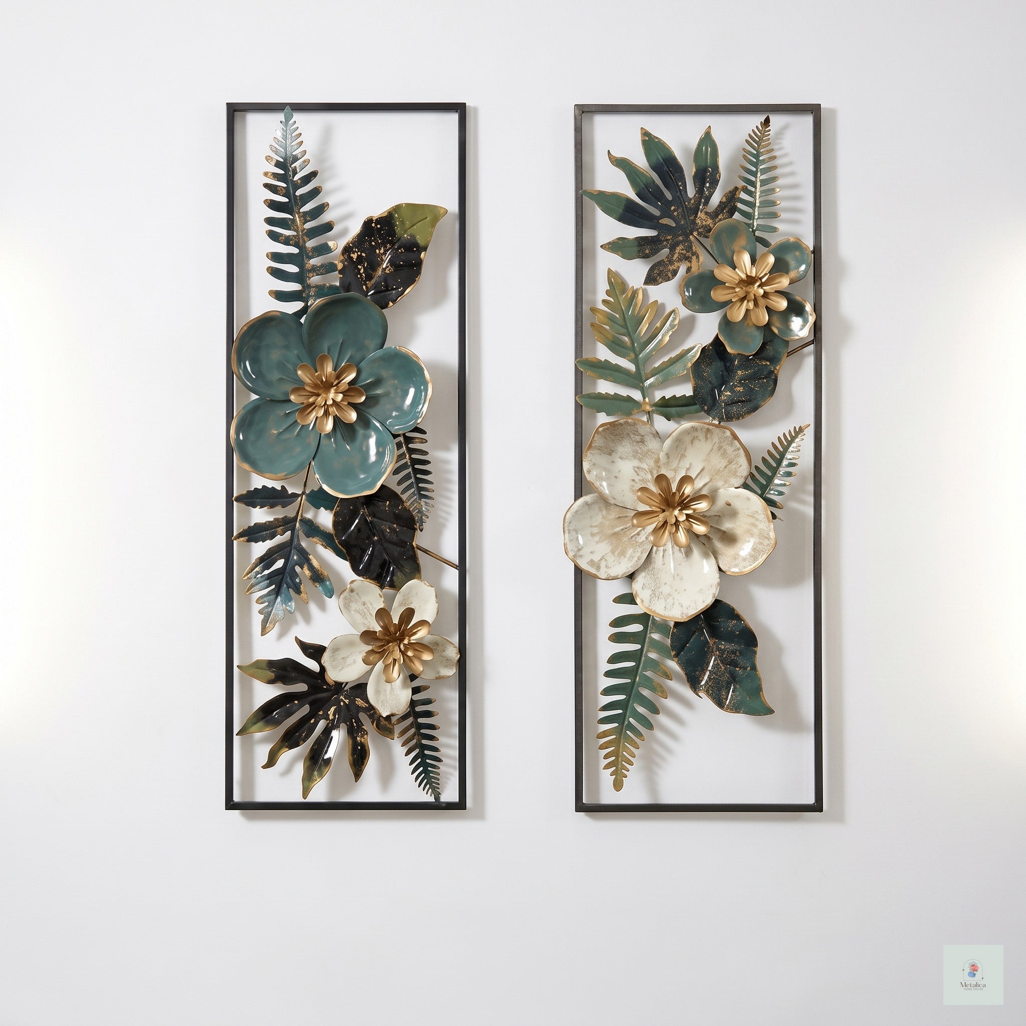2-piece modern metal floral wall art set, 24x21 inch botanical sculpture with teal, cream, and gold flowers for living room decor.