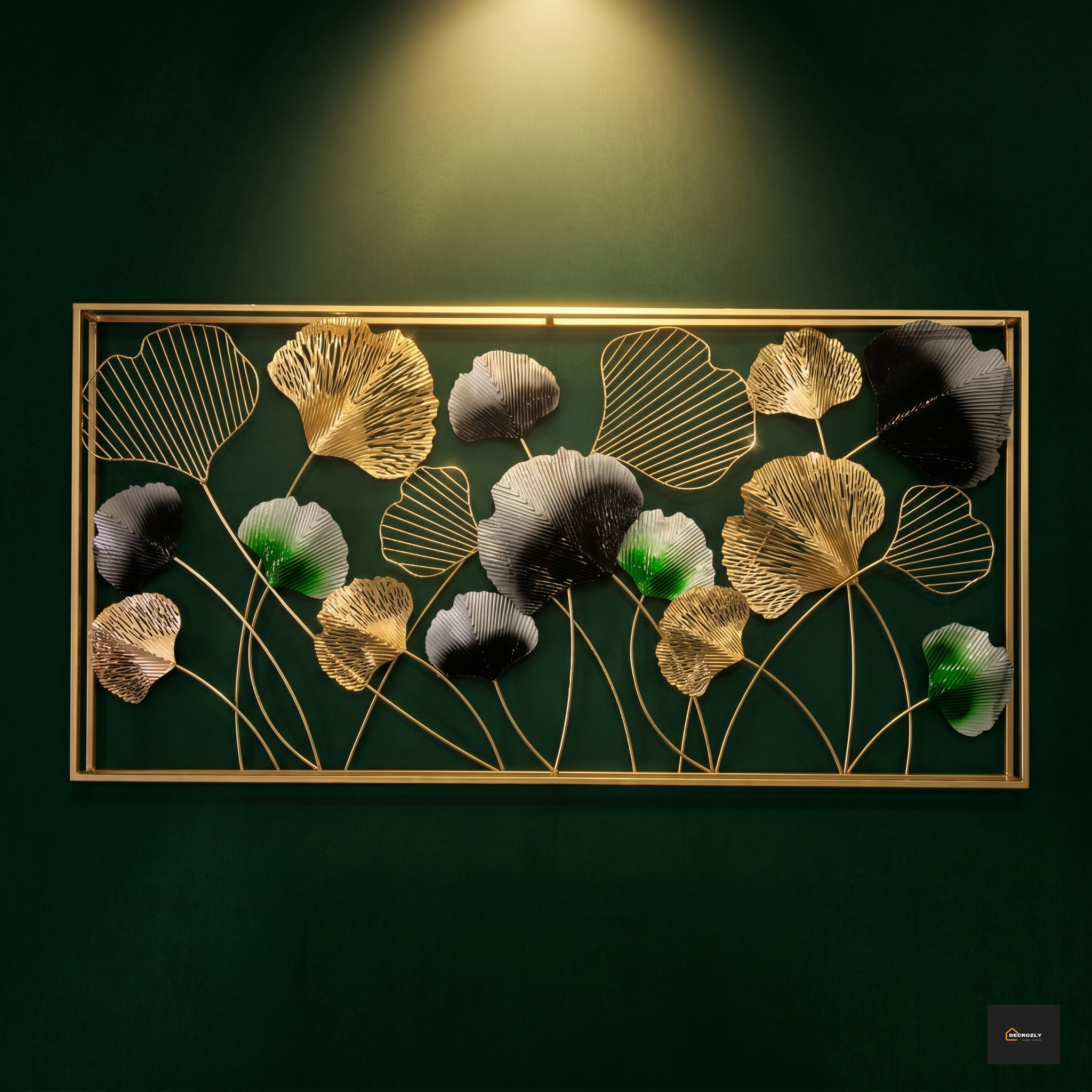 Decorative wall art with gold and green leaves on a dark green background