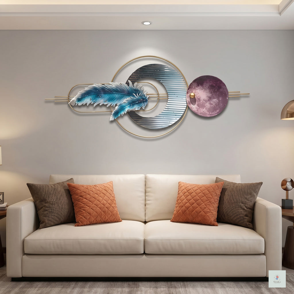 48x24 modern celestial feather and moon metal wall art, luxury abstract sculpture with gold accents for living room decor.