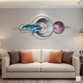 48x24 modern celestial feather and moon metal wall art, luxury abstract sculpture with gold accents for living room decor.