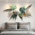28x52 large tropical metal wall art, botanical Monstera and fern leaf sculpture in green, gold, and silver for bedroom and living room decor.