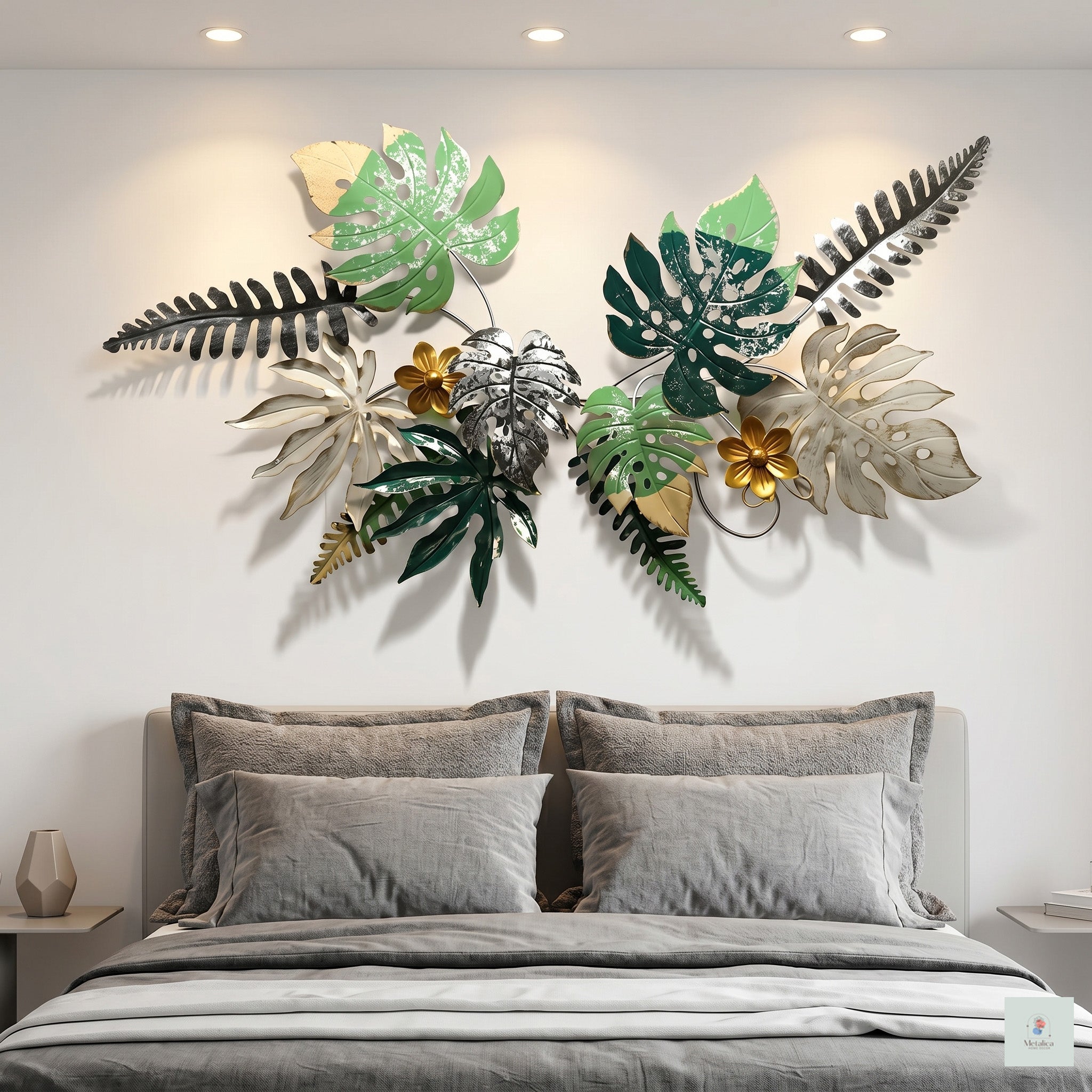 28x52 large tropical metal wall art, botanical Monstera and fern leaf sculpture in green, gold, and silver for bedroom and living room decor.
