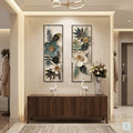 2-piece modern metal floral wall art set, 24x21 inch botanical sculpture with teal, cream, and gold flowers for living room decor.