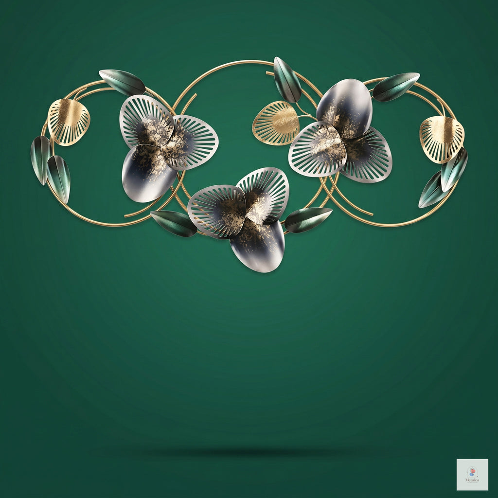 48x24 modern metal floral wall art, elegant gold and green botanical sculpture with circular frames for living room decor.