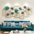 25x50 large modern metal ginkgo leaf wall art, botanical sculpture with teal and gold leaves for living room decor.