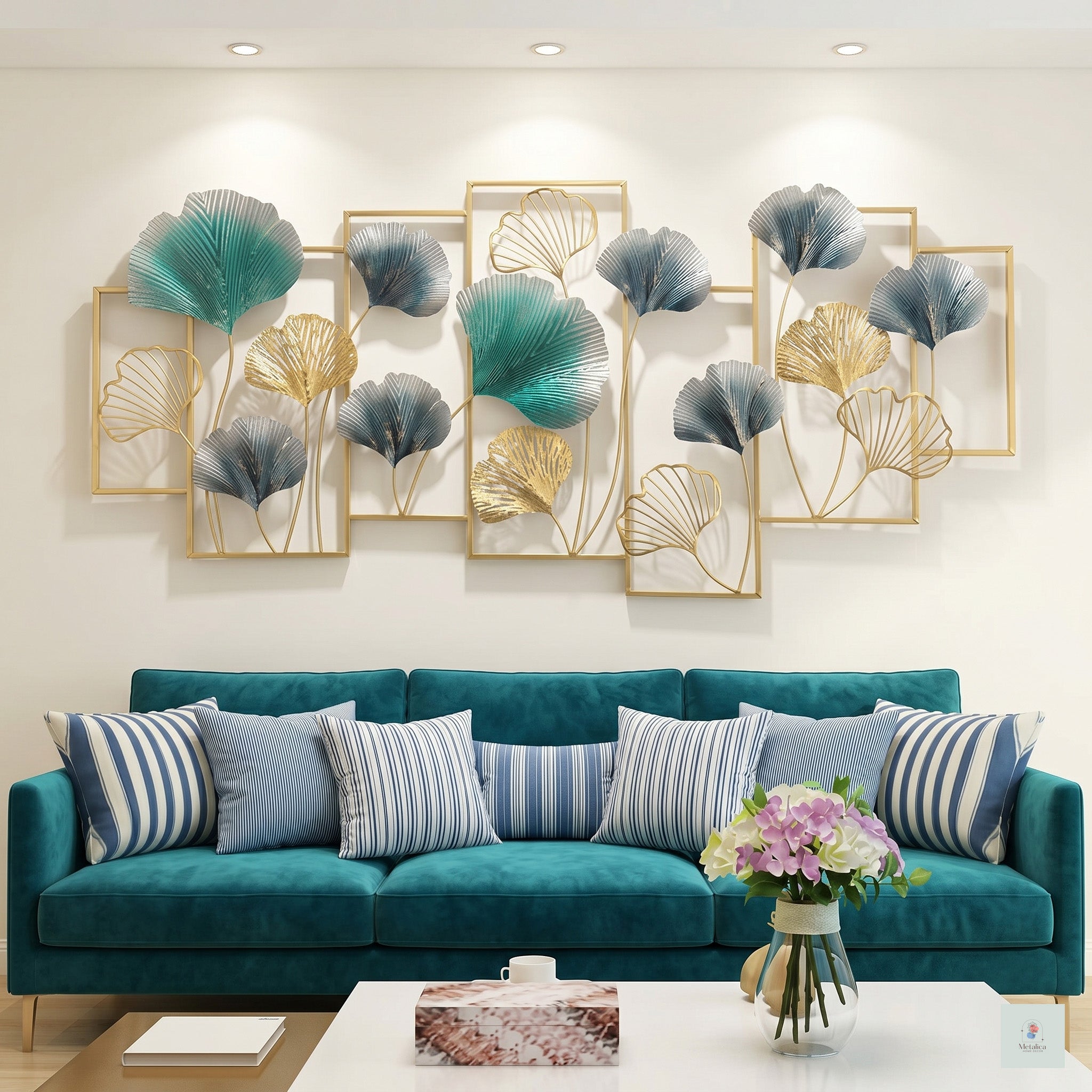 25x50 large modern metal ginkgo leaf wall art, botanical sculpture with teal and gold leaves for living room decor.