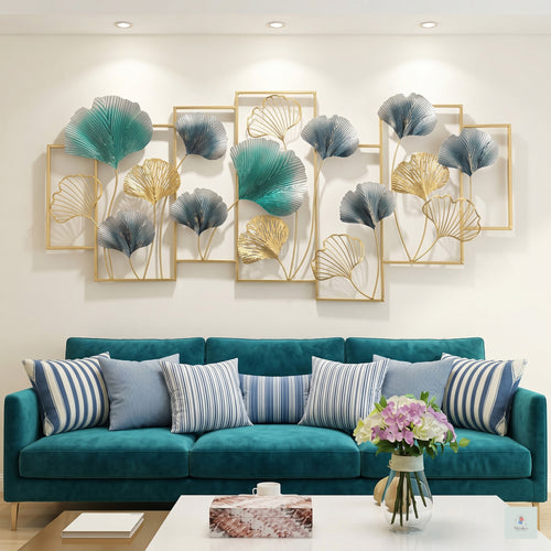 25x50 large modern metal ginkgo leaf wall art, botanical sculpture with teal and gold leaves for living room decor.