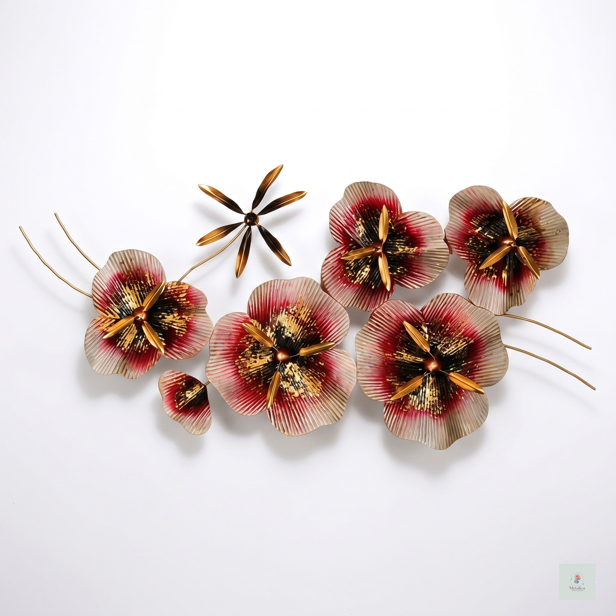 48x24 modern metal floral wall art, vibrant red and gold bloom sculpture for living room decor.