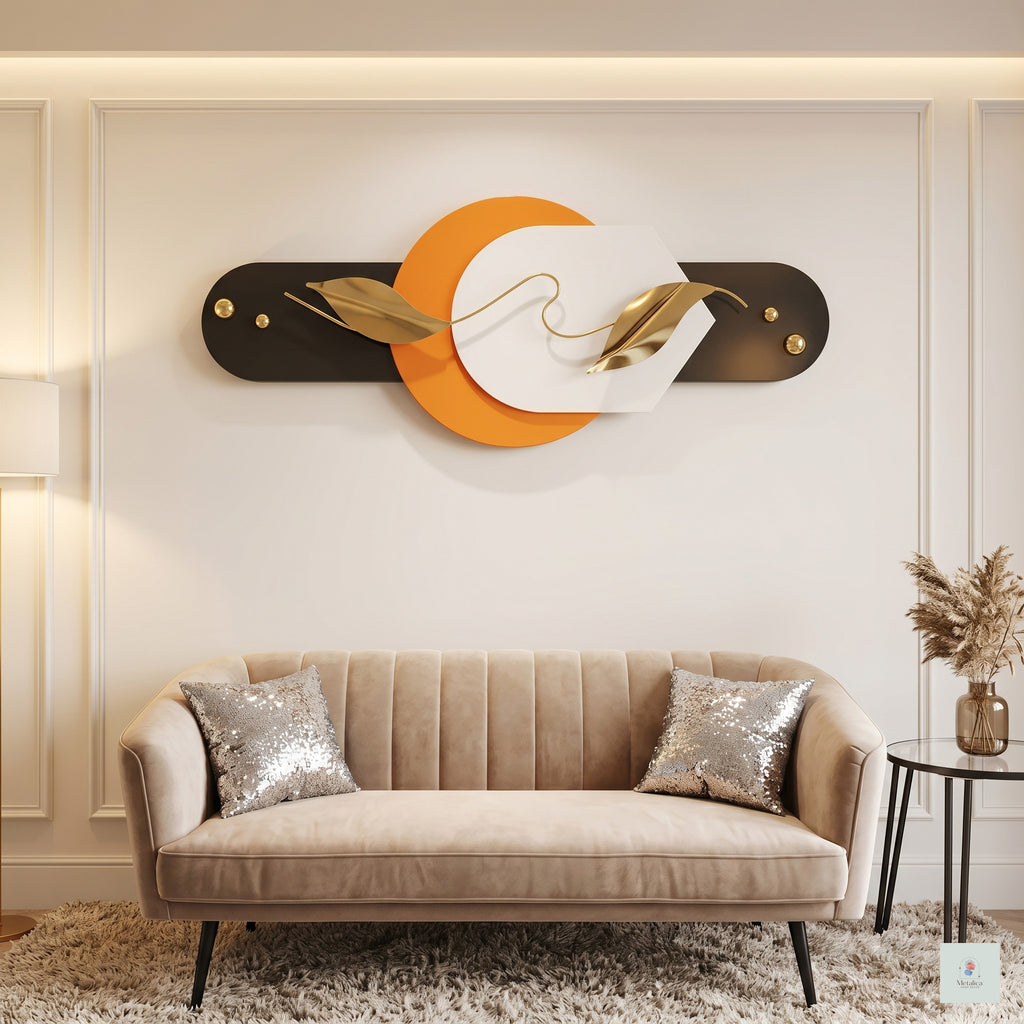 22x48 modern geometric metal wall art, abstract orange, white, and black sculpture with gold leaves for living room decor.