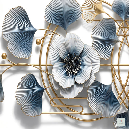 28x24 modern metal ginkgo and floral wall art, luxury gold and blue abstract sculpture for living room decor.