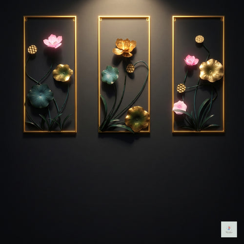 3-piece metal lotus wall art set, 33x18 inch modern vertical floral sculpture in gold, green, and pink for living room wall decor.