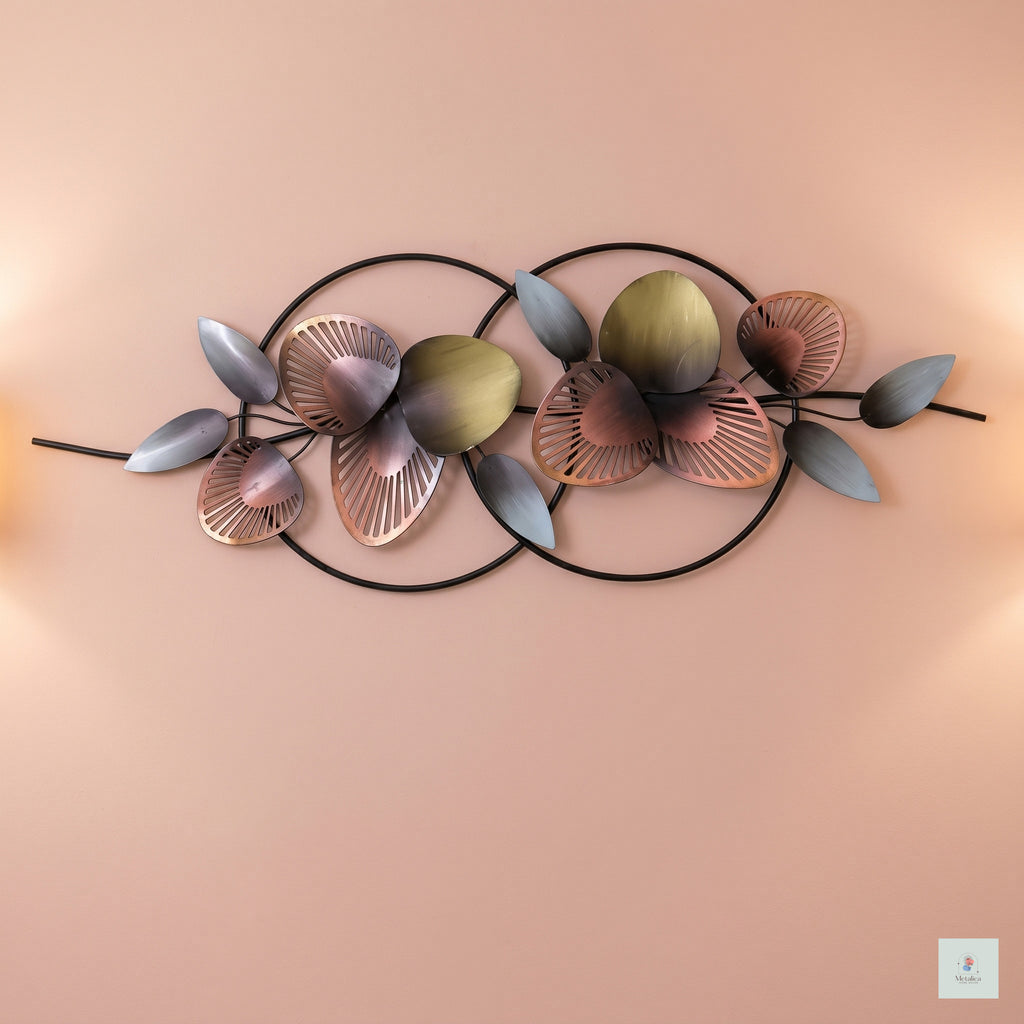 20x42 modern metal circular leaf wall art, copper and bronze abstract sculpture with overlapping frames for living room decor.