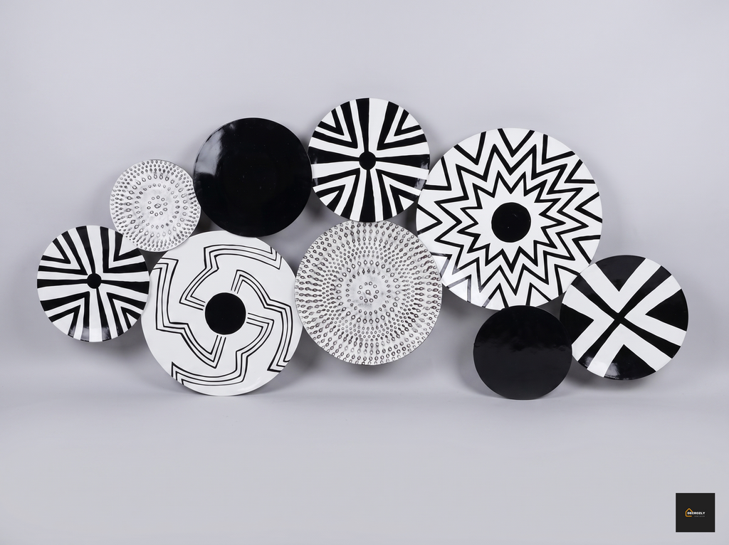 Black & White Metal Circle Wall Art Decor | Set of 10 Geometric Disc Wall Sculpture | Bold Monochrome Abstract Wall Hanging for Living Room, Bedroom & Office
