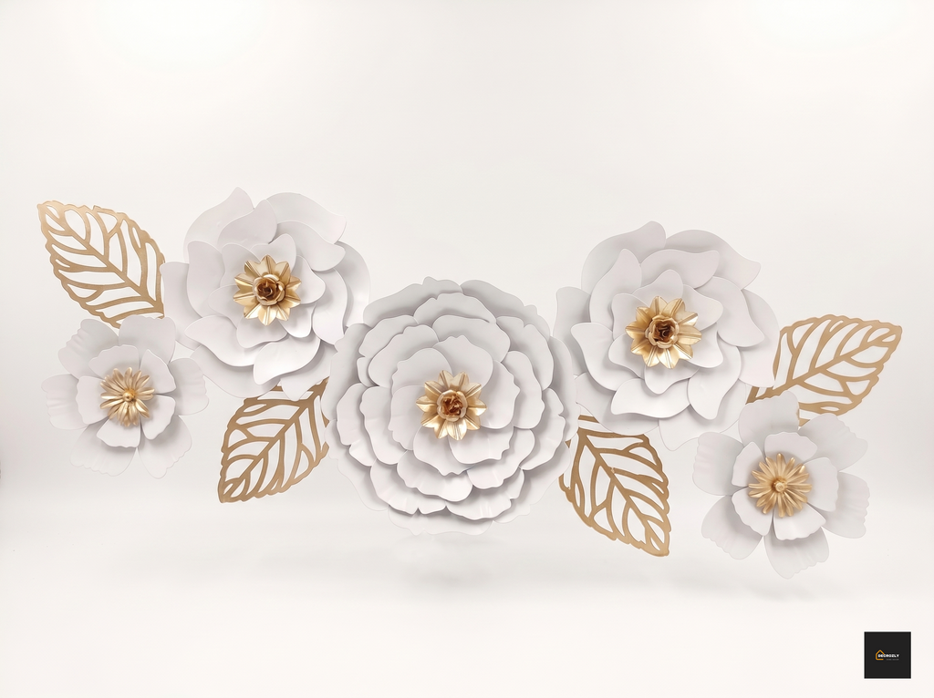 White & Gold Metal Rose Wall Art Decor | 2x4 Ft (60x120 cm) 3D Layered Floral Wall Sculpture | Ivory Peony Flower & Gold Leaf Wall Hanging for Living Room, Bedroom & Entryway | Geometric | Nature |