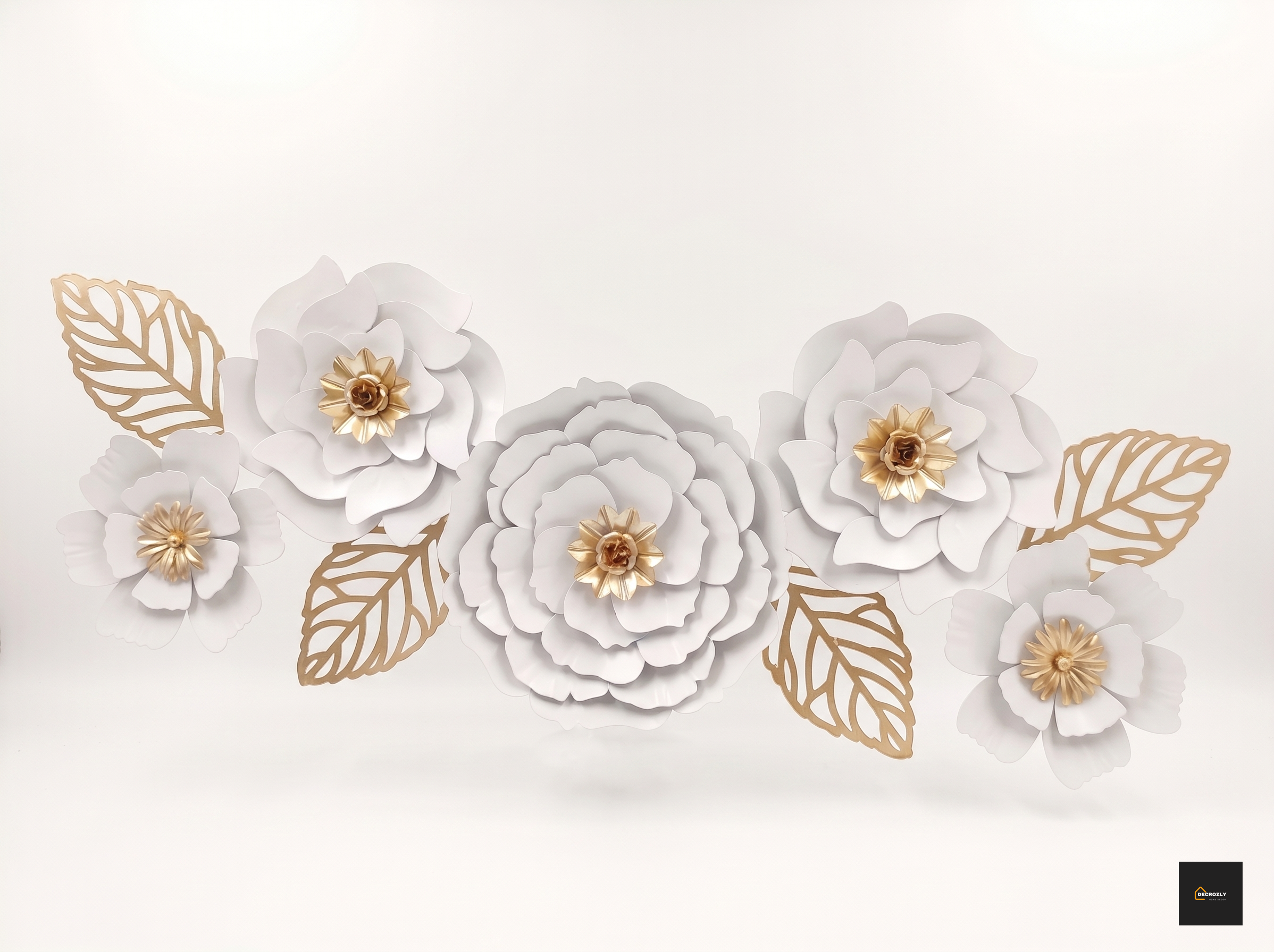 White & Gold Metal Rose Wall Art Decor | 2x4 Ft (60x120 cm) 3D Layered Floral Wall Sculpture | Ivory Peony Flower & Gold Leaf Wall Hanging for Living Room, Bedroom & Entryway | Geometric | Nature |