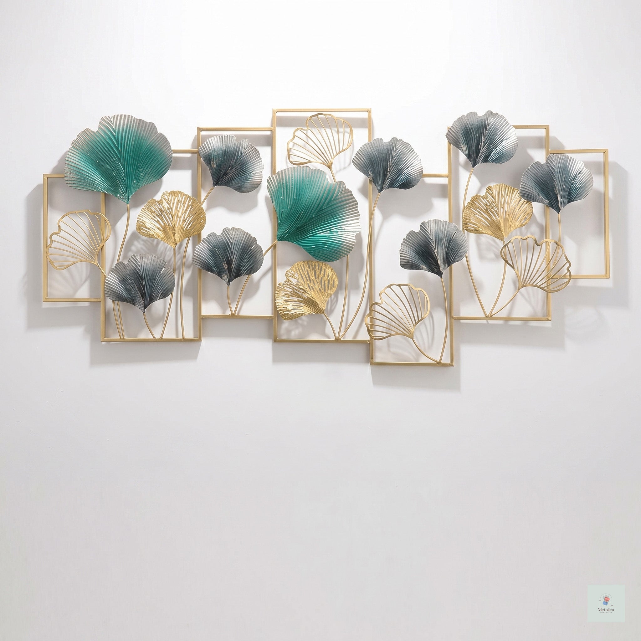 25x50 large modern metal ginkgo leaf wall art, botanical sculpture with teal and gold leaves for living room decor.