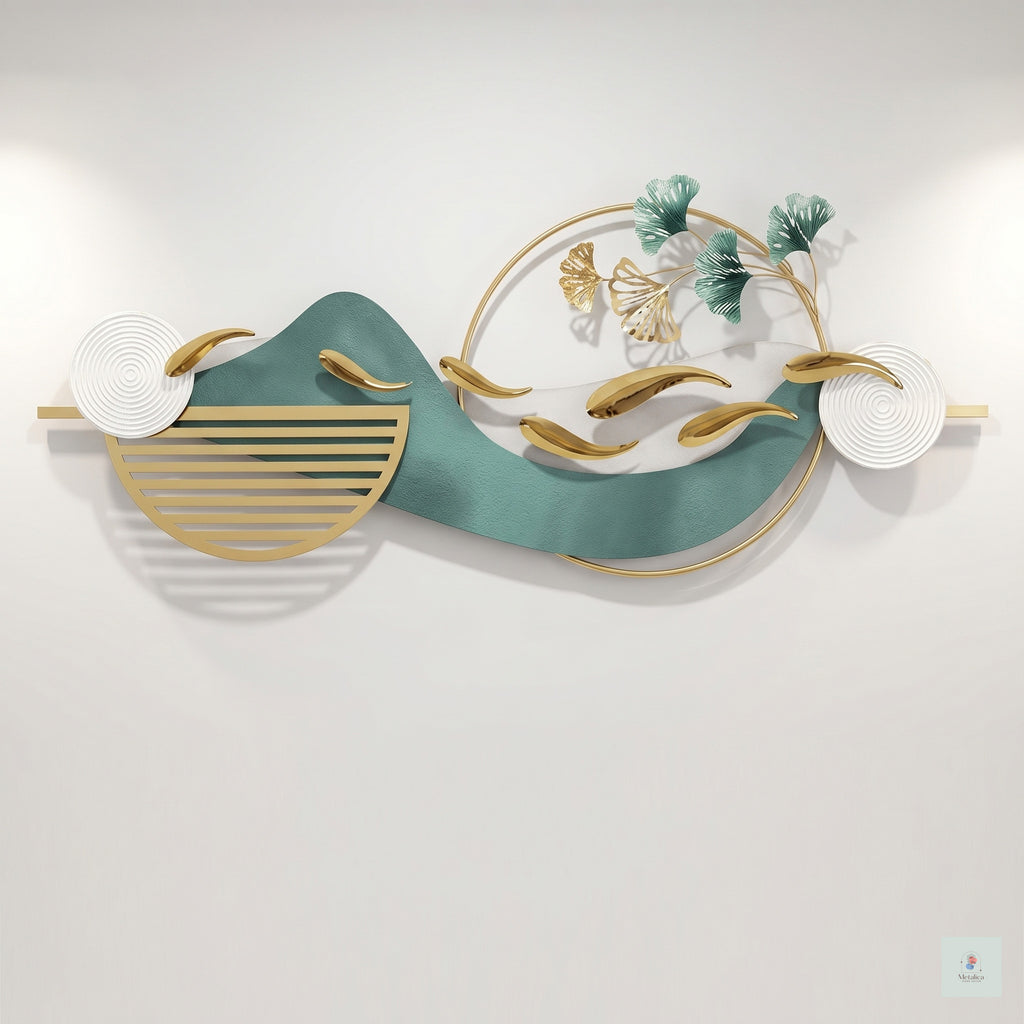 48x24 modern metal koi fish landscape wall art, Zen gold and teal sculpture with ginkgo leaves for living room decor.