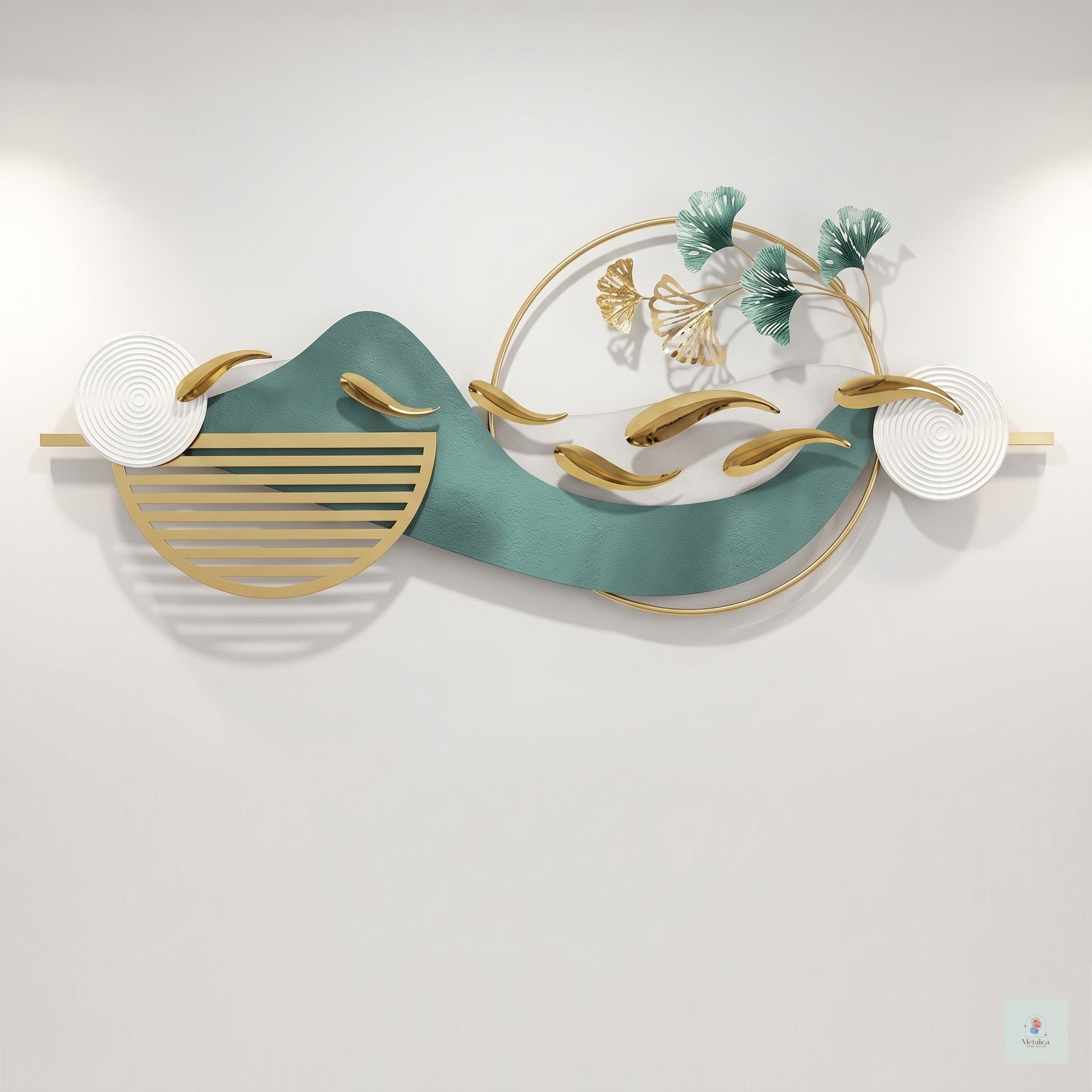 48x24 modern metal koi fish landscape wall art, Zen gold and teal sculpture with ginkgo leaves for living room decor.