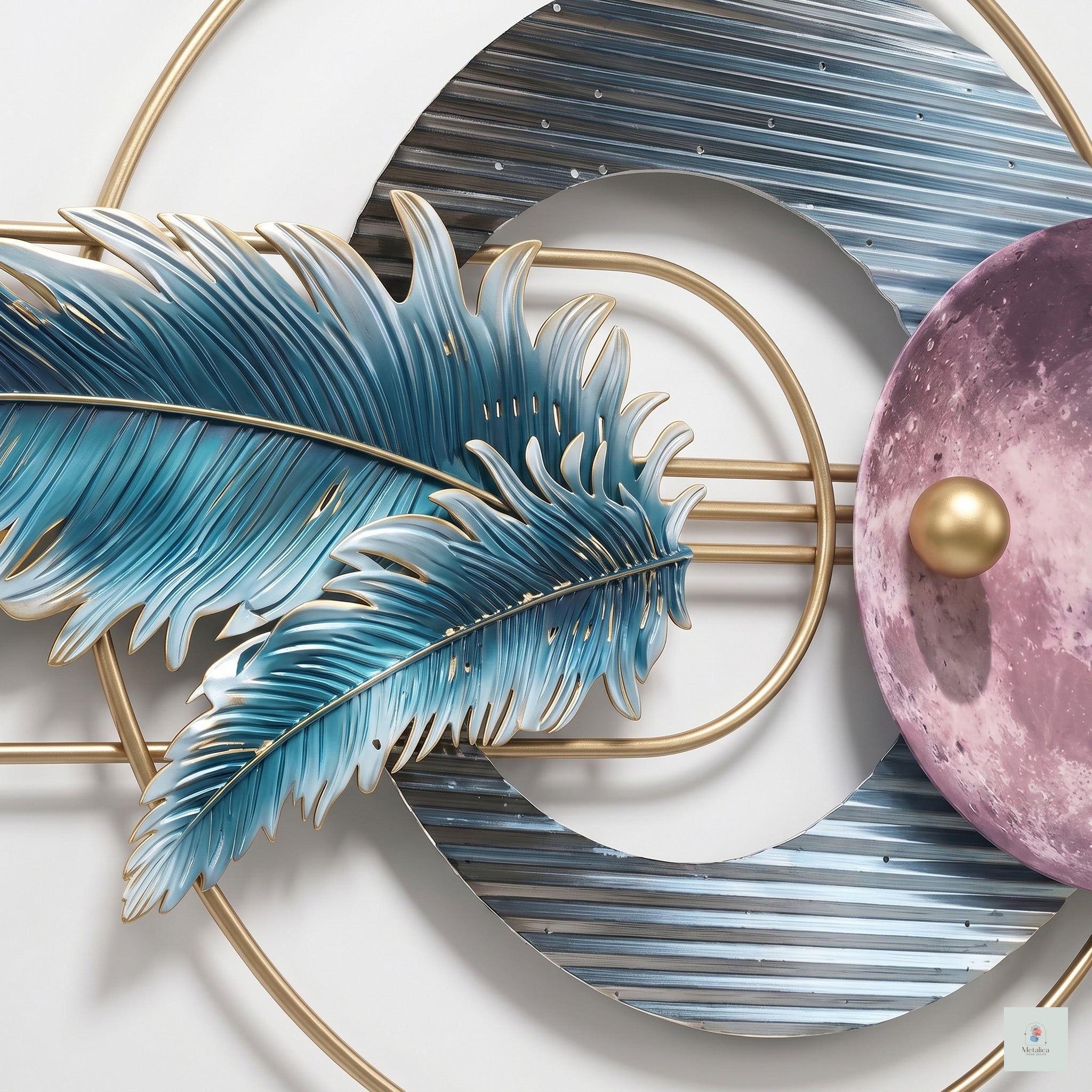 48x24 modern celestial feather and moon metal wall art, luxury abstract sculpture with gold accents for living room decor.