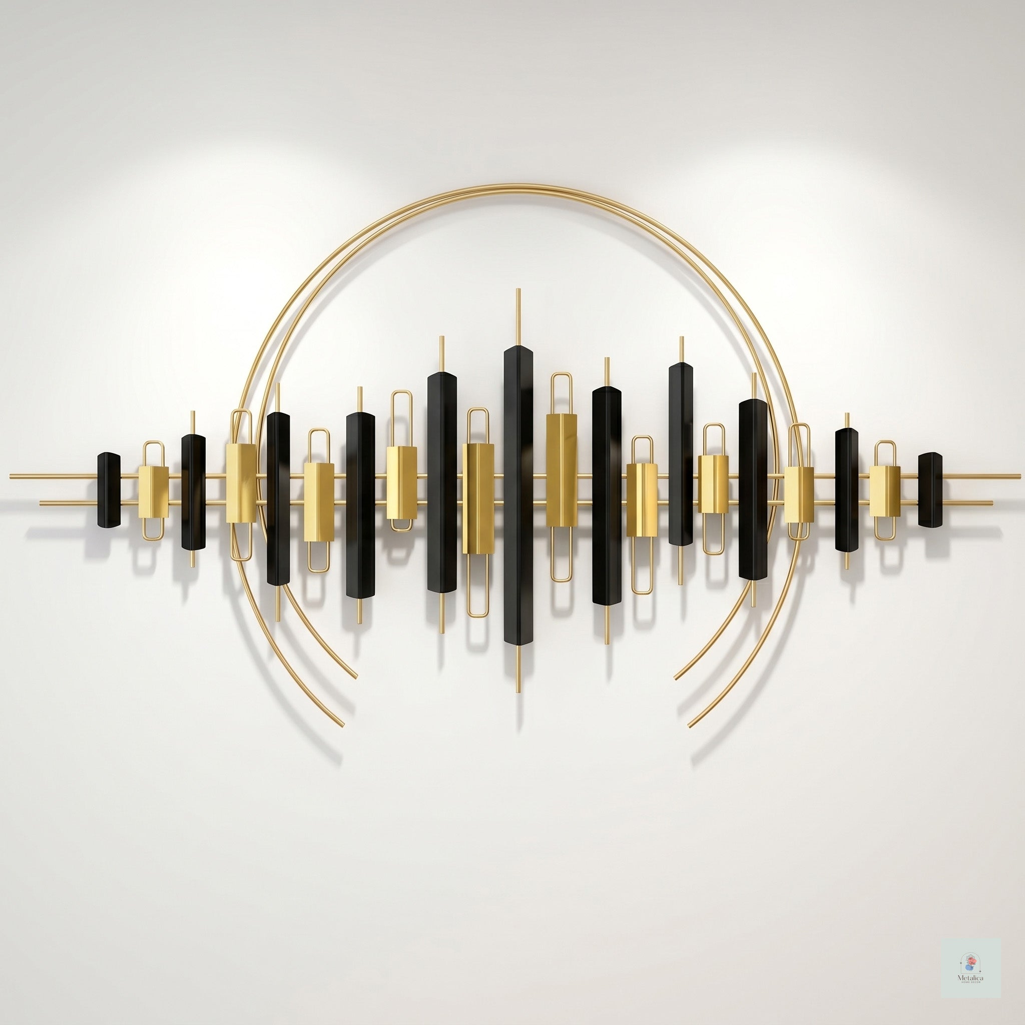 28x48 modern geometric metal wall art, abstract black and gold equalizer-style sculpture for living room decor.