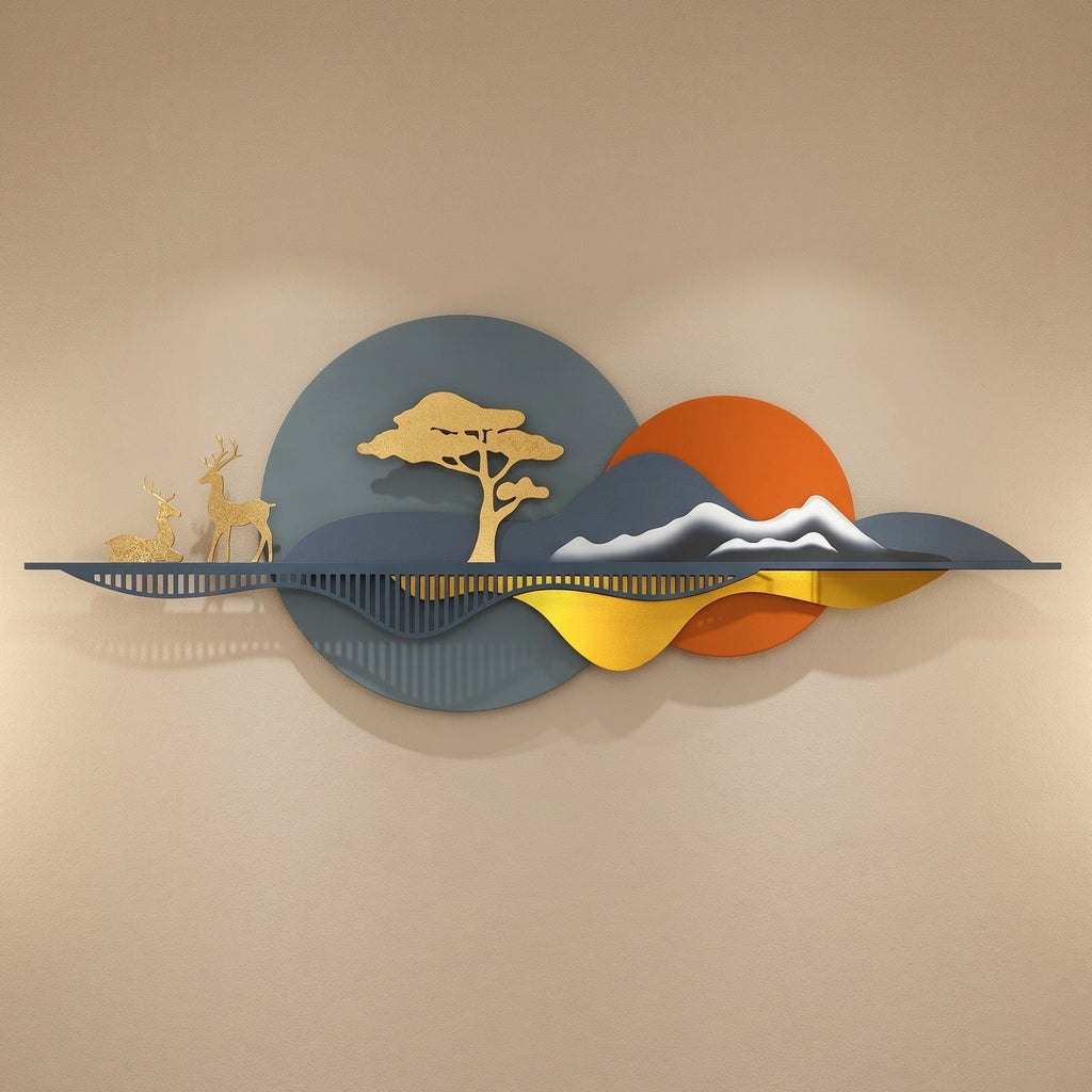 48x24 modern metal deer landscape wall art, abstract mountain and sunset sculpture with gold deer and tree for living room decor.