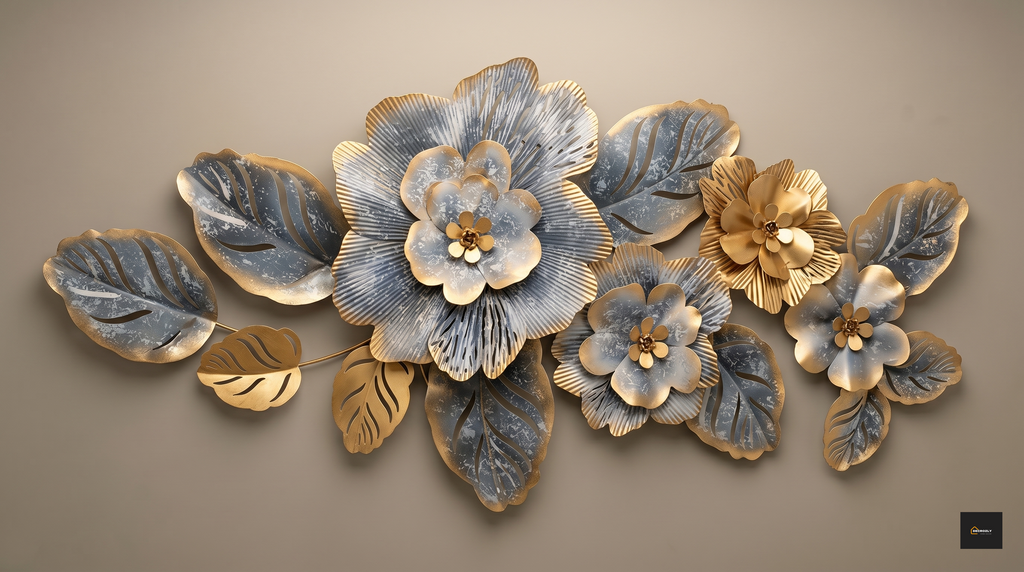 Decorative wall art with floral designs in gold and blue on a beige background