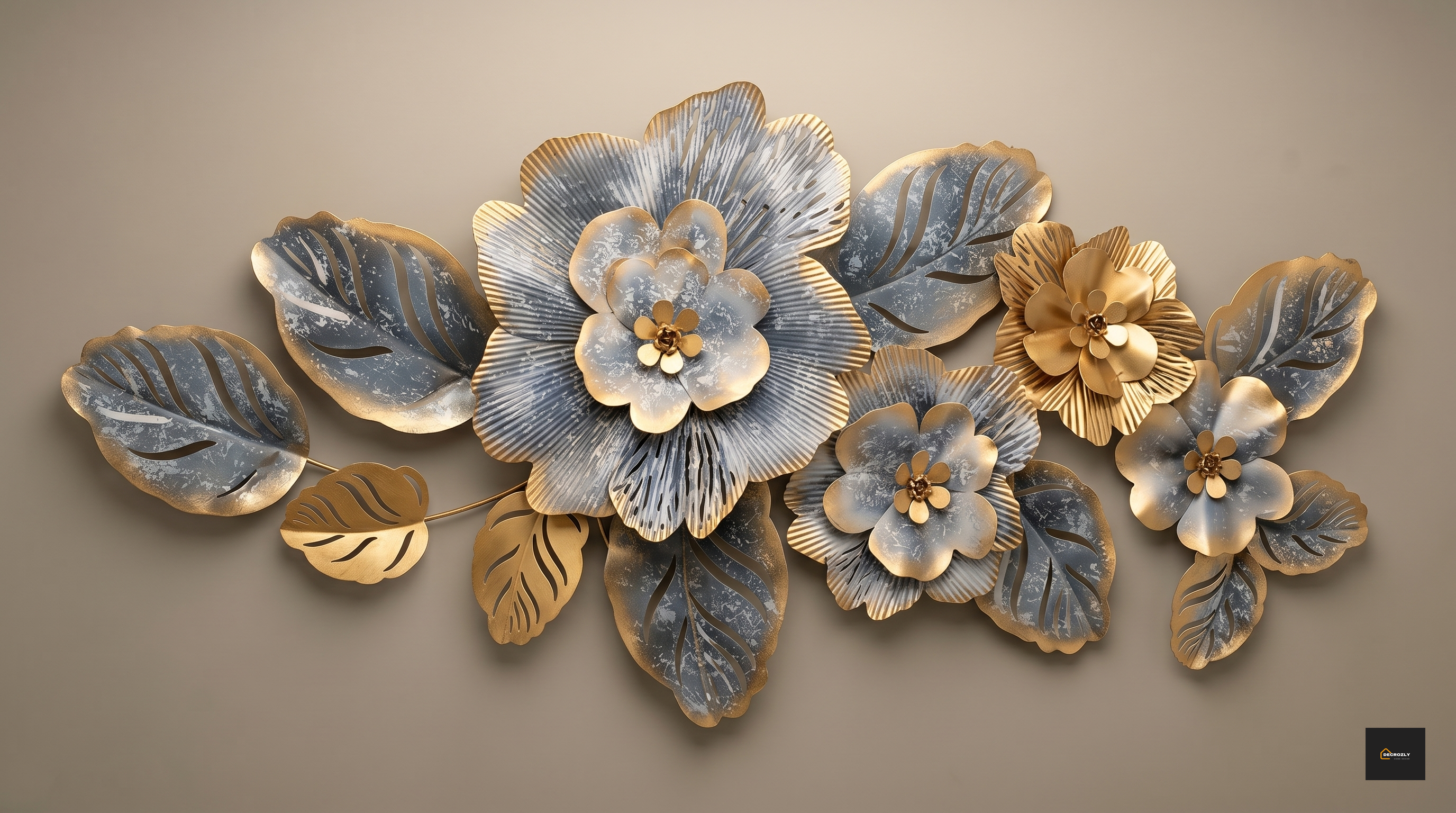 Decorative wall art with floral designs in gold and blue on a beige background