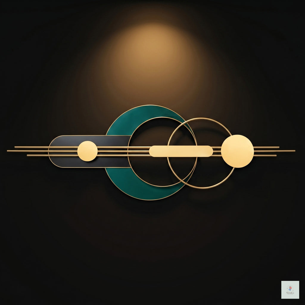 48x24 modern geometric metal wall art, abstract sculpture with gold, teal, and black circles for living room decor.