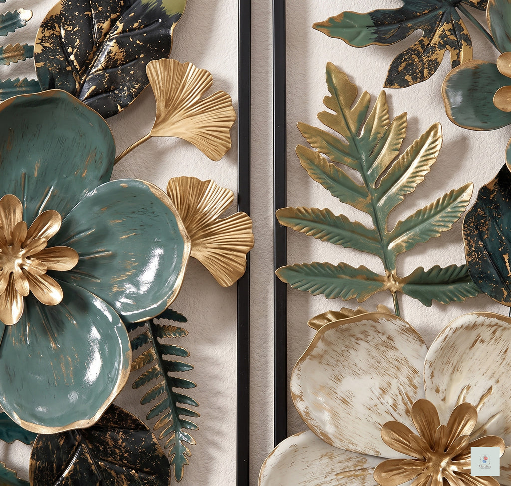 2-piece modern metal floral wall art set, 24x21 inch botanical sculpture with teal, cream, and gold flowers for living room decor.