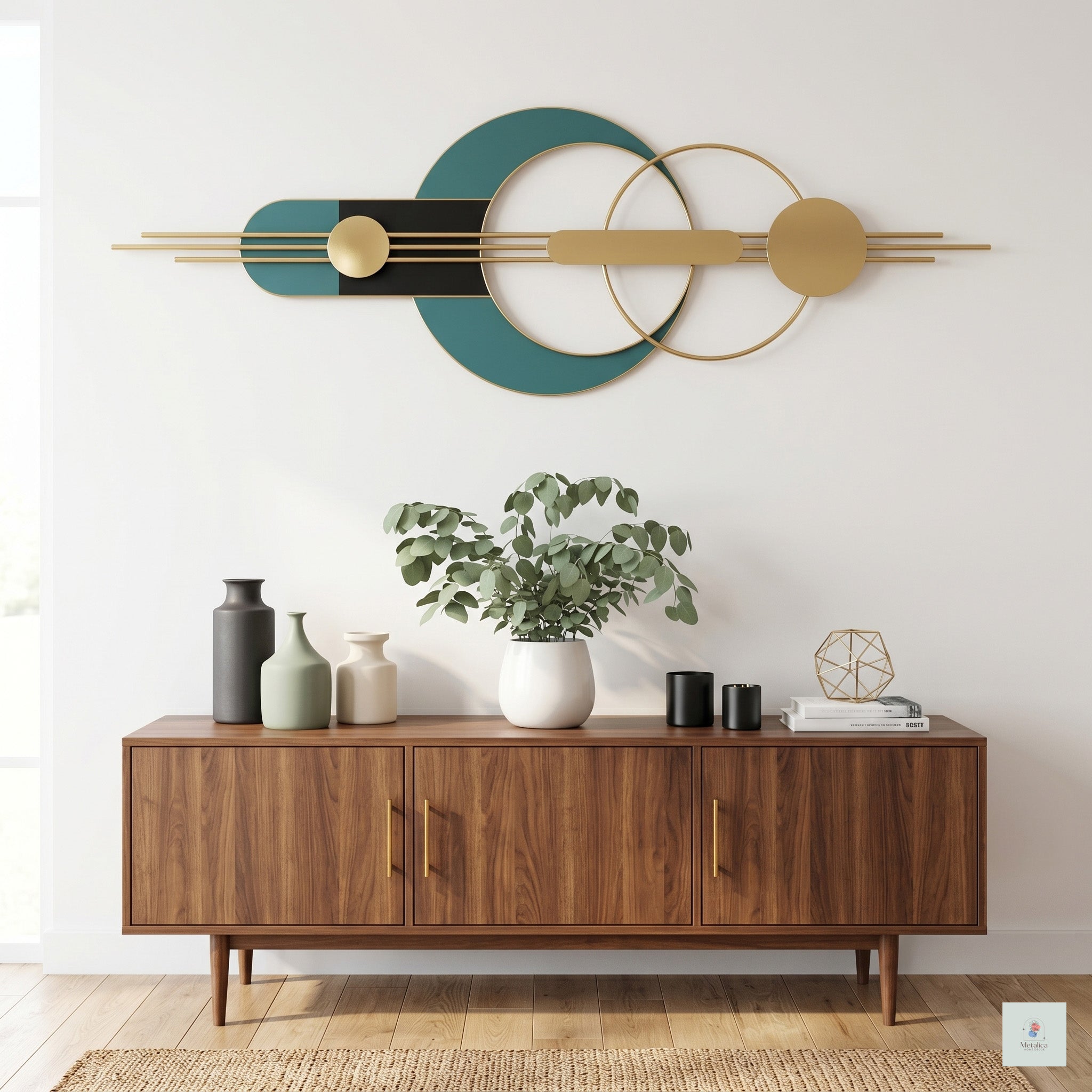 48x24 modern geometric metal wall art, abstract sculpture with gold, teal, and black circles for living room decor.