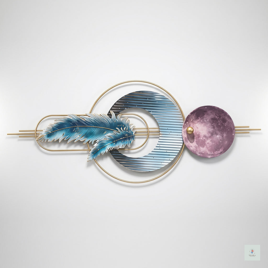 48x24 modern celestial feather and moon metal wall art, luxury abstract sculpture with gold accents for living room decor.