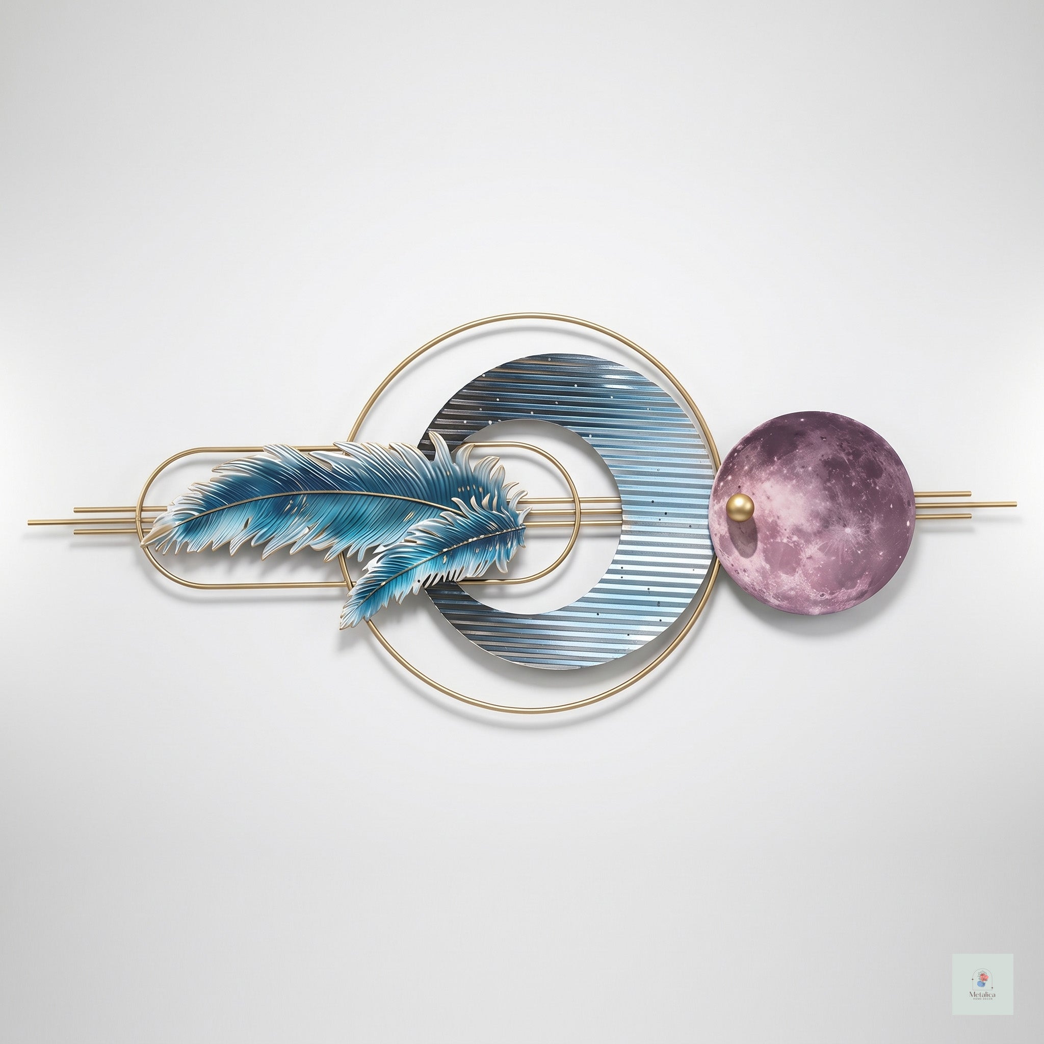 48x24 modern celestial feather and moon metal wall art, luxury abstract sculpture with gold accents for living room decor.