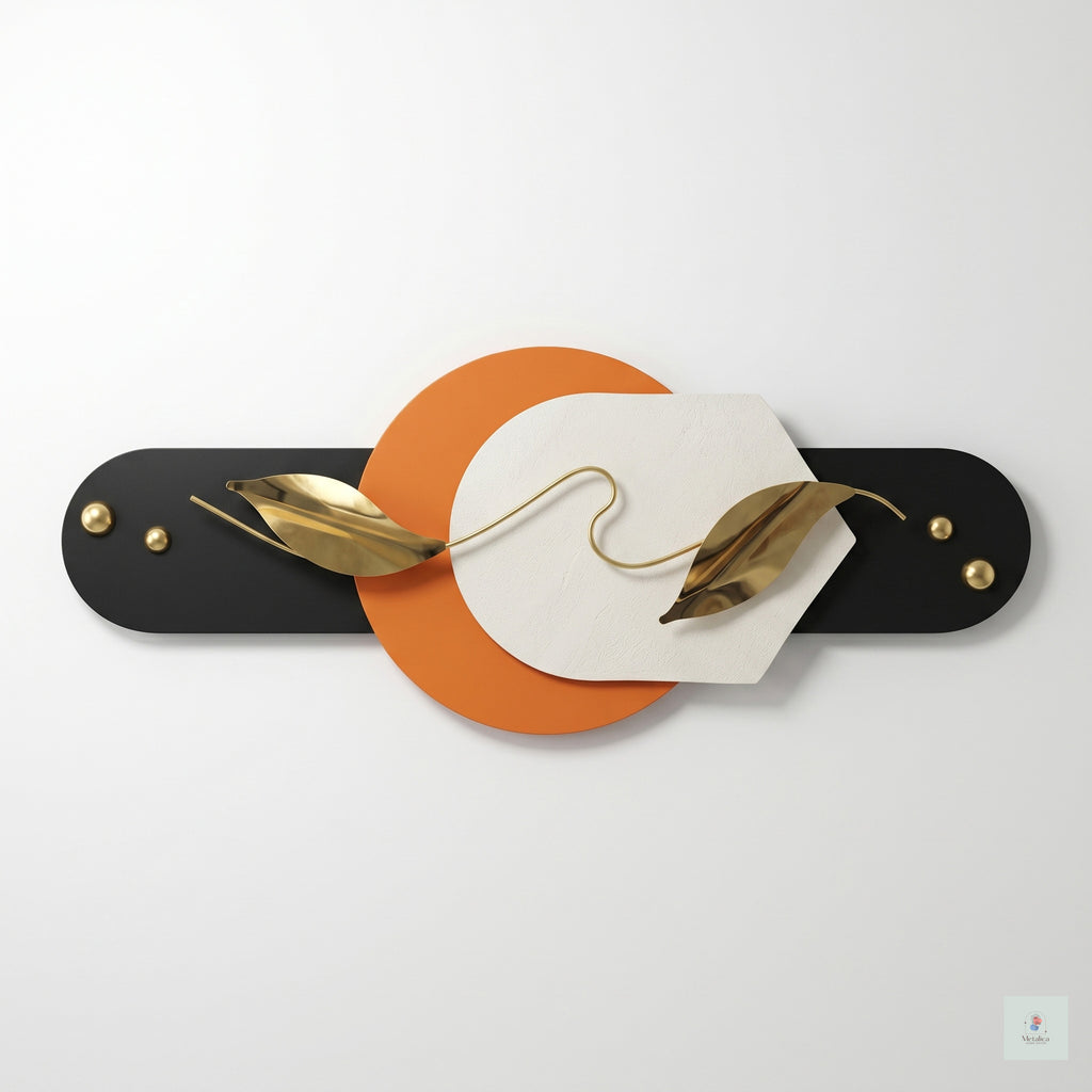 22x48 modern geometric metal wall art, abstract orange, white, and black sculpture with gold leaves for living room decor.