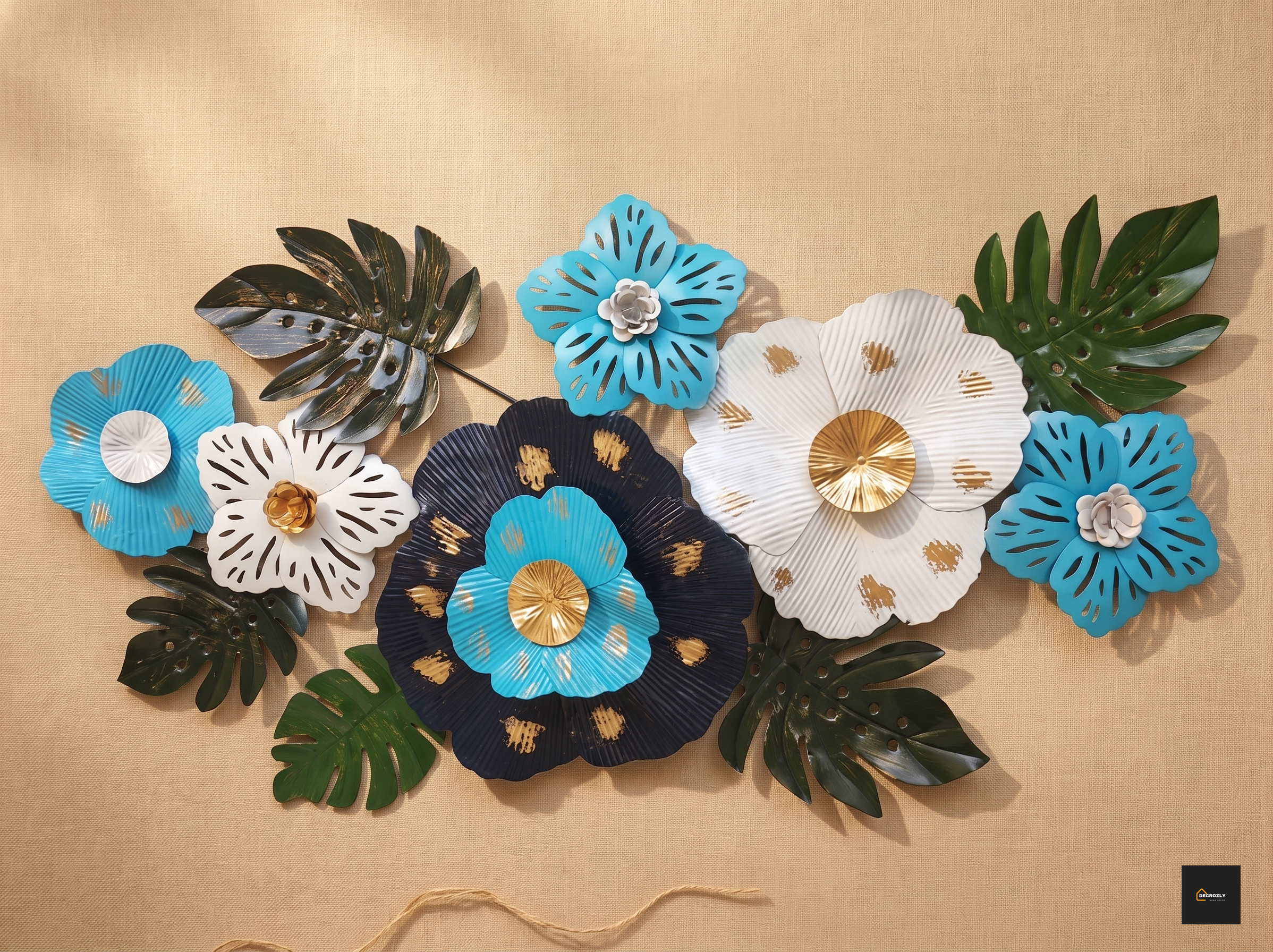 Decorative wall art with floral and leaf designs on a beige background